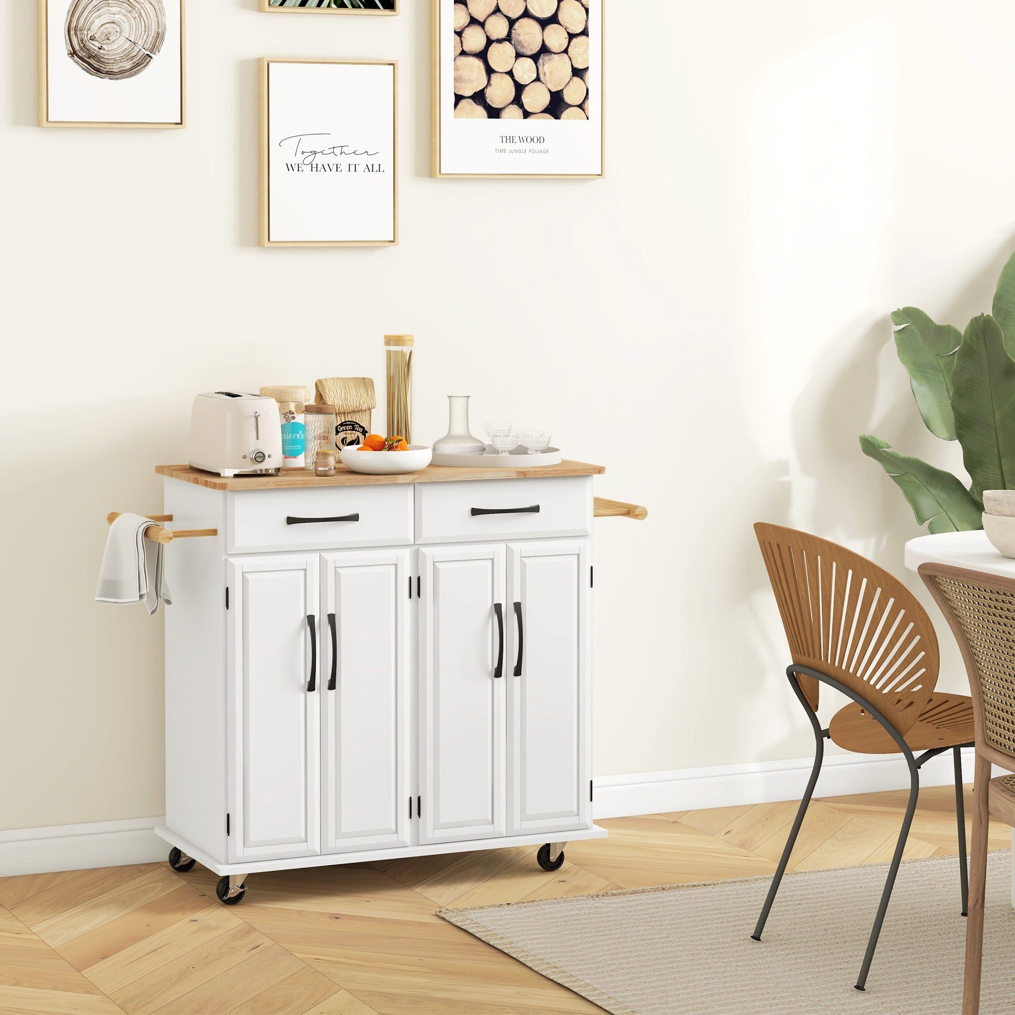 HOMCOM Kitchen Island with Storage, Rolling Kitchen Cart on Wheels with 2 Drawers, 2 Cabinets, Rubberwood Top and Towel Racks (White)