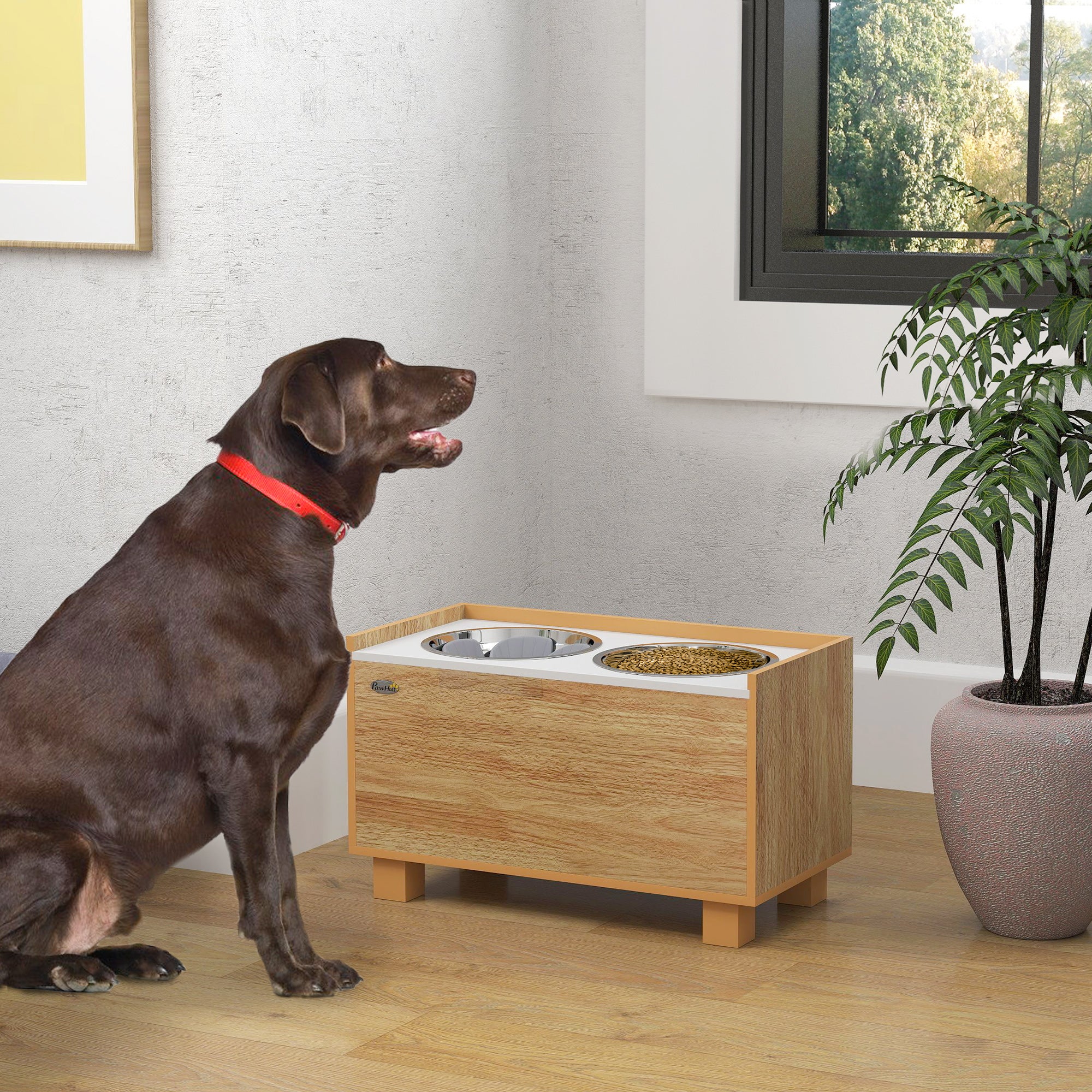 PawHut Elevated Dog Bowls, 14" H Raised Dog Bowl Stand with Removable Slow Feeder Dog Bowl, 2 Stainless Steel Food Water Bowls, Storage for Small Medium Large Dogs, Oak