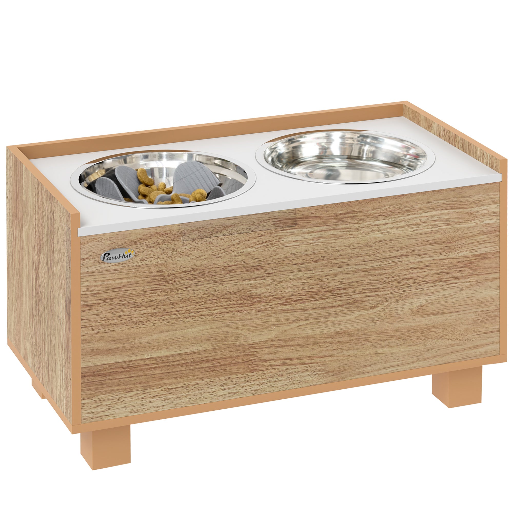 PawHut Elevated Dog Bowls, 14" H Raised Dog Bowl Stand with Removable Slow Feeder Dog Bowl, 2 Stainless Steel Food Water Bowls, Storage for Small Medium Large Dogs, Oak