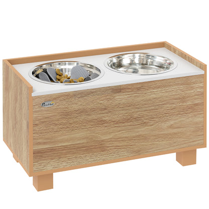 PawHut Elevated Dog Bowls, 14" H Raised Dog Bowl Stand with Removable Slow Feeder Dog Bowl, 2 Stainless Steel Food Water Bowls, Storage for Small Medium Large Dogs, Oak