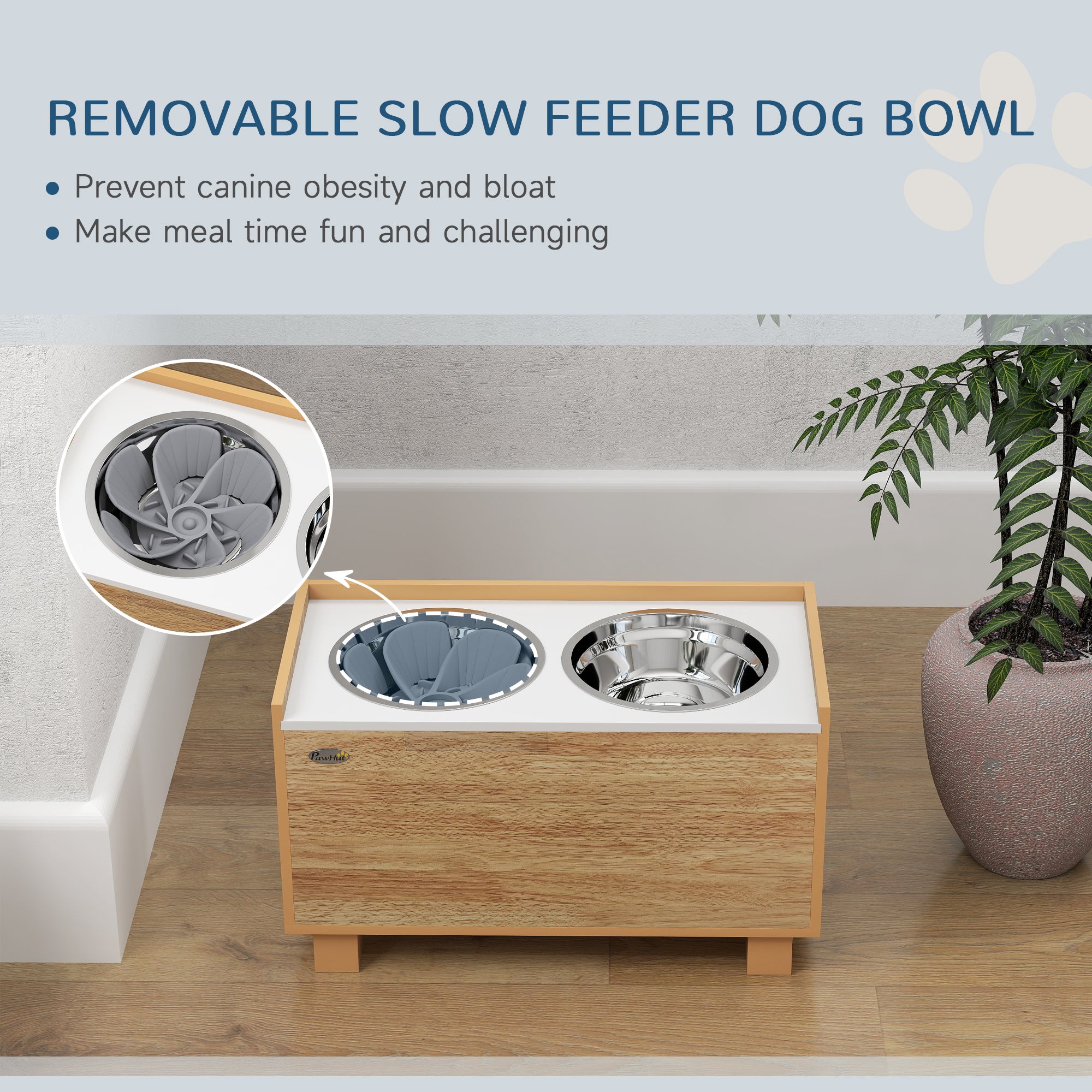 PawHut Elevated Dog Bowls, 14" H Raised Dog Bowl Stand with Removable Slow Feeder Dog Bowl, 2 Stainless Steel Food Water Bowls, Storage for Small Medium Large Dogs, Oak