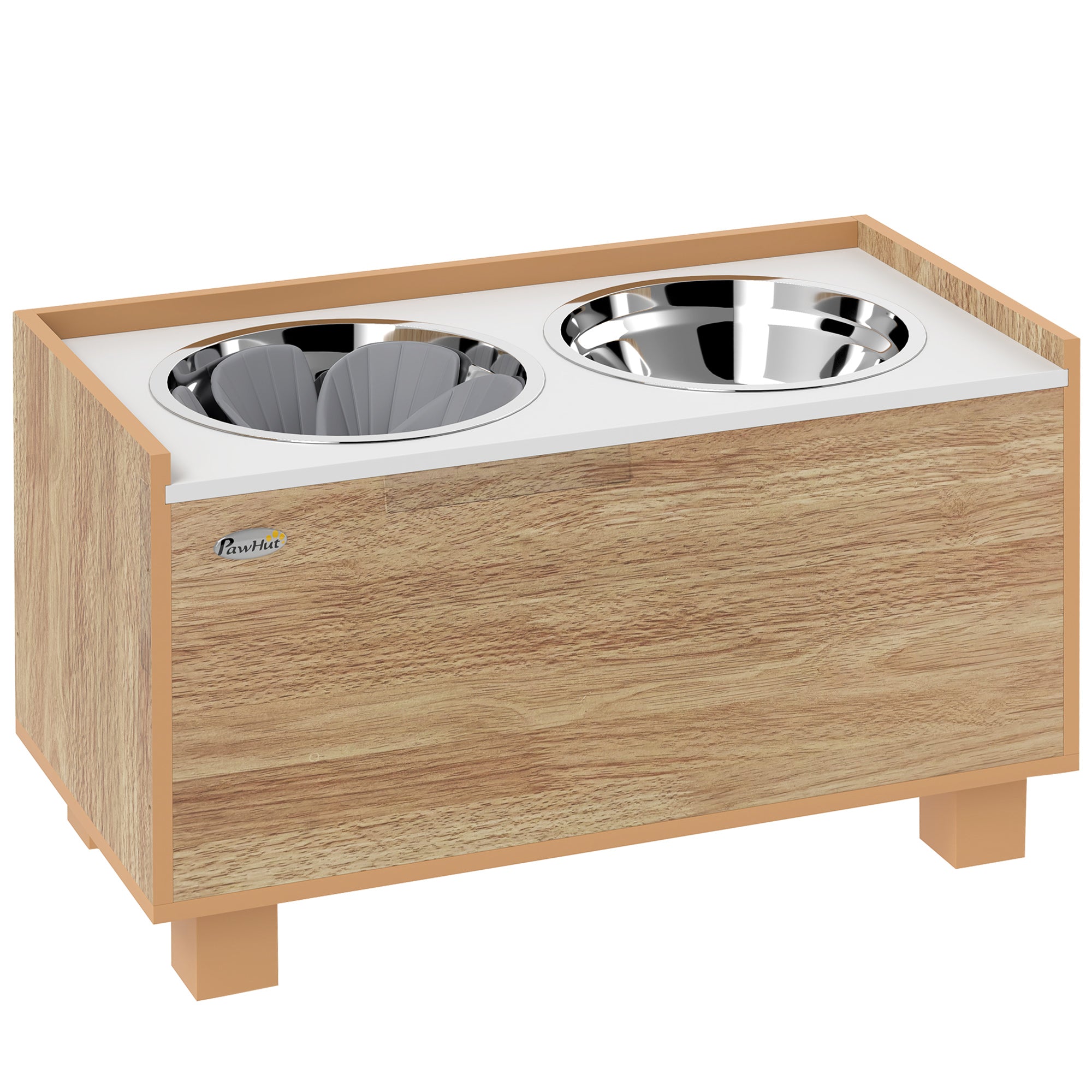 PawHut Elevated Dog Bowls, 14" H Raised Dog Bowl Stand with Removable Slow Feeder Dog Bowl, 2 Stainless Steel Food Water Bowls, Storage for Small Medium Large Dogs, Oak