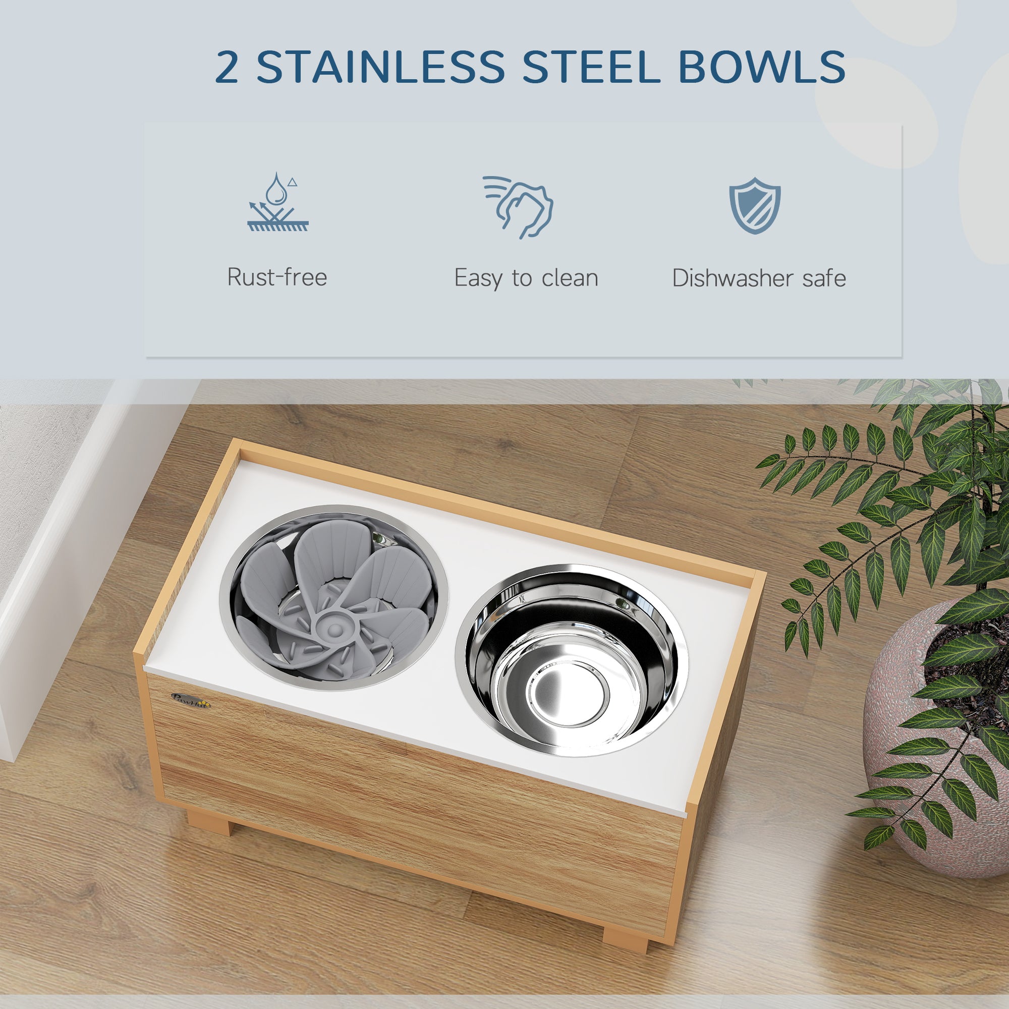 PawHut Elevated Dog Bowls, 14" H Raised Dog Bowl Stand with Removable Slow Feeder Dog Bowl, 2 Stainless Steel Food Water Bowls, Storage for Small Medium Large Dogs, Oak