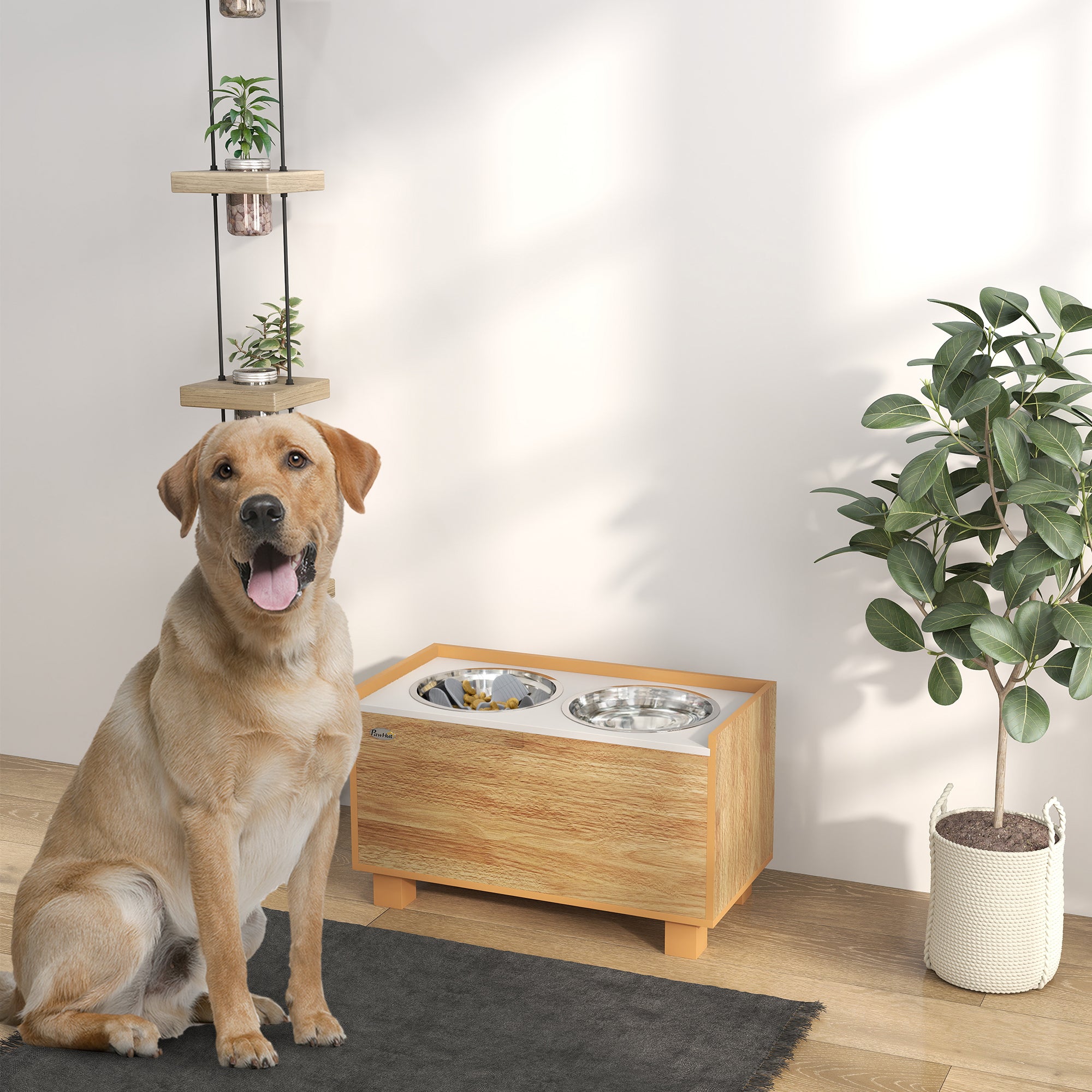 PawHut Elevated Dog Bowls, 14" H Raised Dog Bowl Stand with Removable Slow Feeder Dog Bowl, 2 Stainless Steel Food Water Bowls, Storage for Small Medium Large Dogs, Oak