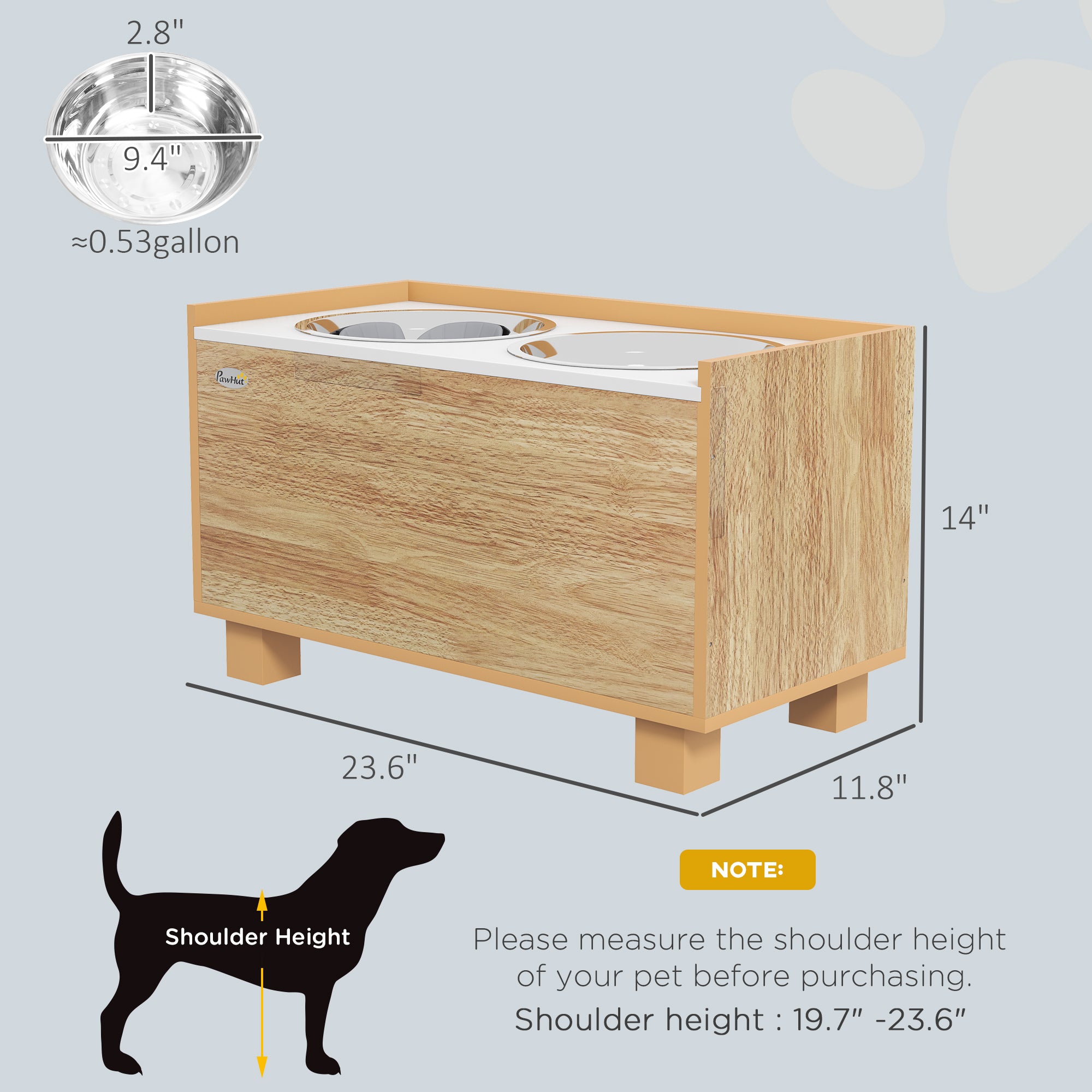 PawHut Elevated Dog Bowls, 14" H Raised Dog Bowl Stand with Removable Slow Feeder Dog Bowl, 2 Stainless Steel Food Water Bowls, Storage for Small Medium Large Dogs, Oak