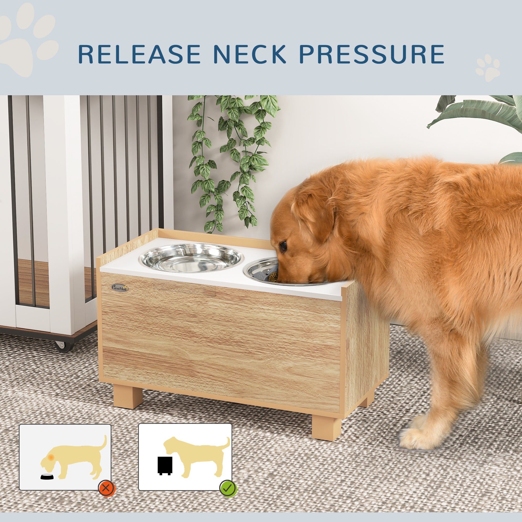PawHut Elevated Dog Bowls, 14" H Raised Dog Bowl Stand with Removable Slow Feeder Dog Bowl, 2 Stainless Steel Food Water Bowls, Storage for Small Medium Large Dogs, Oak