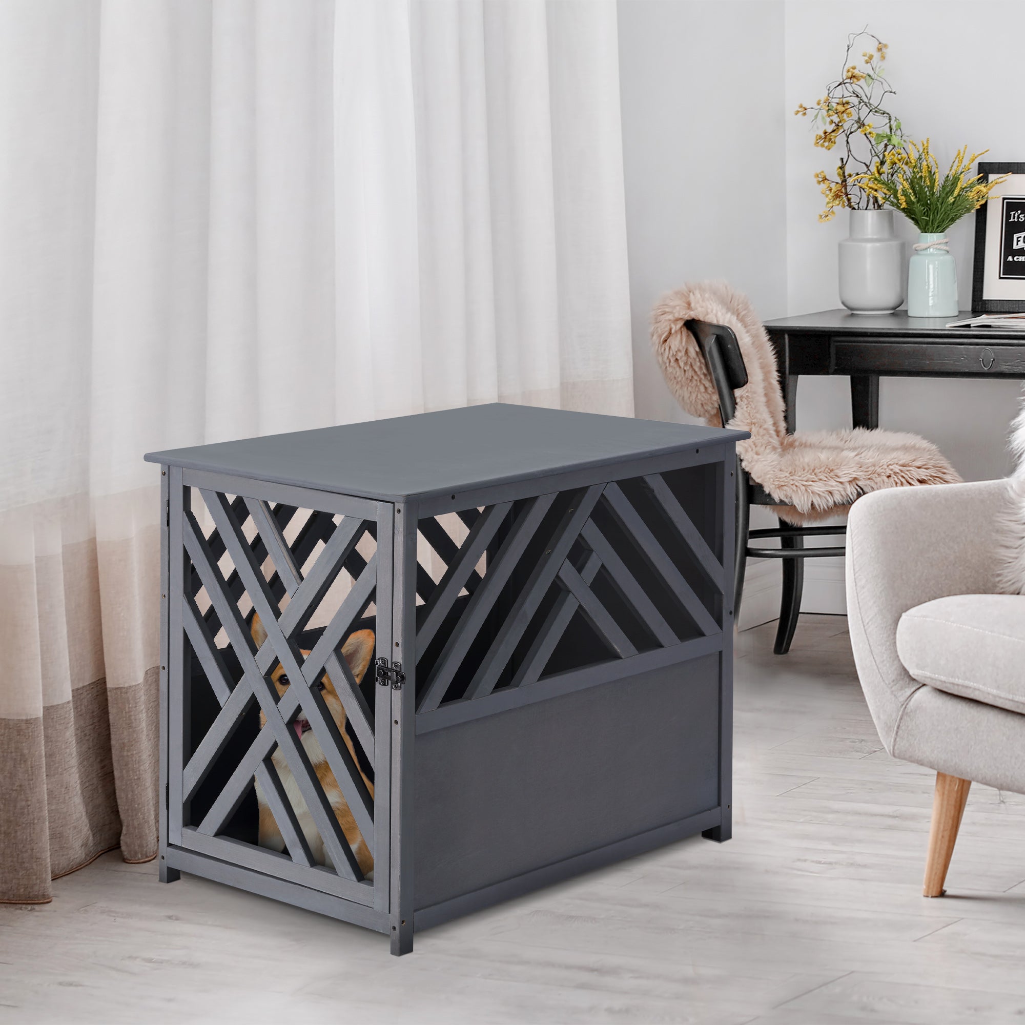 PawHut Wood Dog Crate Dog Cage Table Kennel Night Stand with Lockable Door for Small Medium Pets Grey 60 x 91 x 74 cm