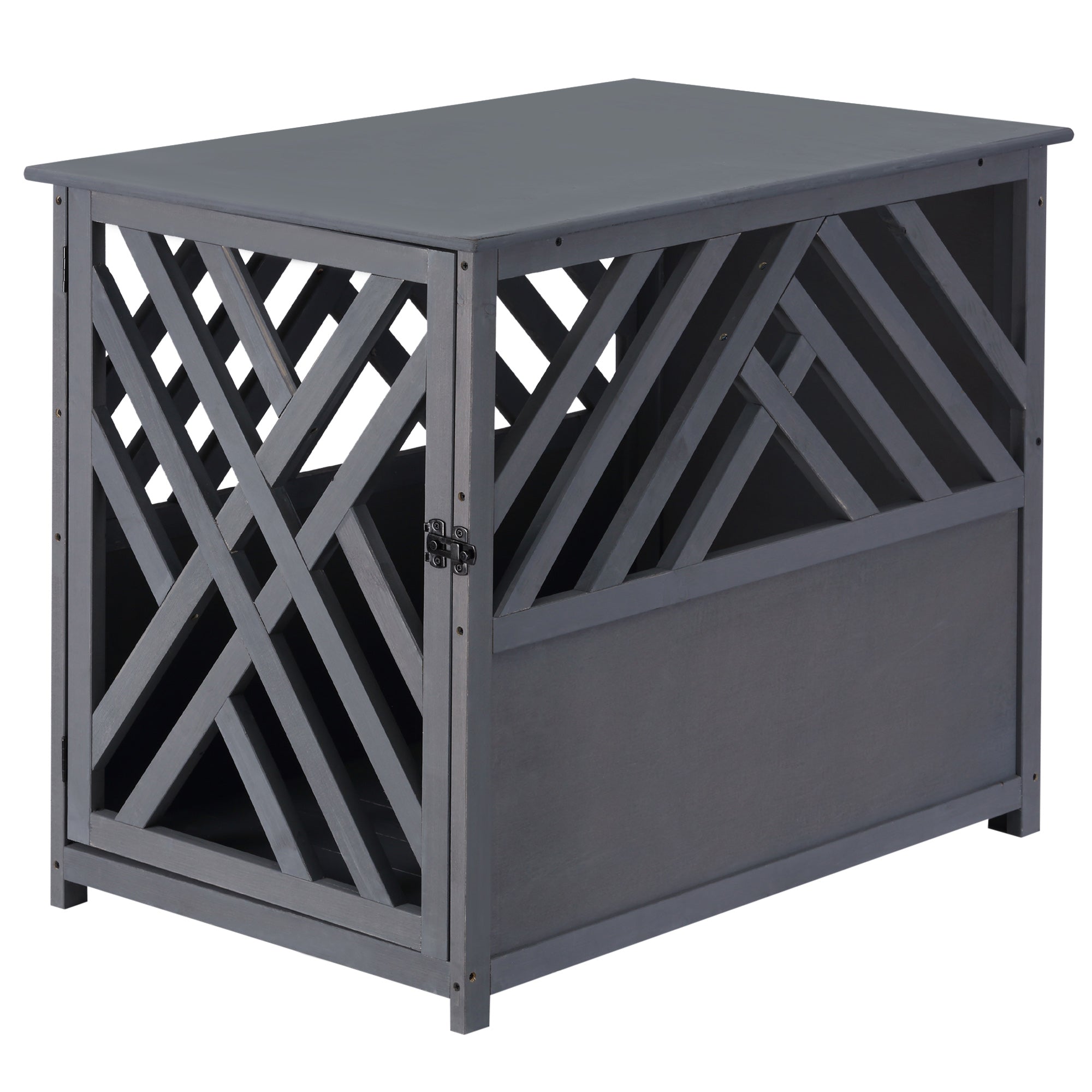 PawHut Furniture Style Wood Dog Crate End Table Decorative Dog Cage Kennel Lattice Night Stand with Lockable Door, Indoor Use, Grey