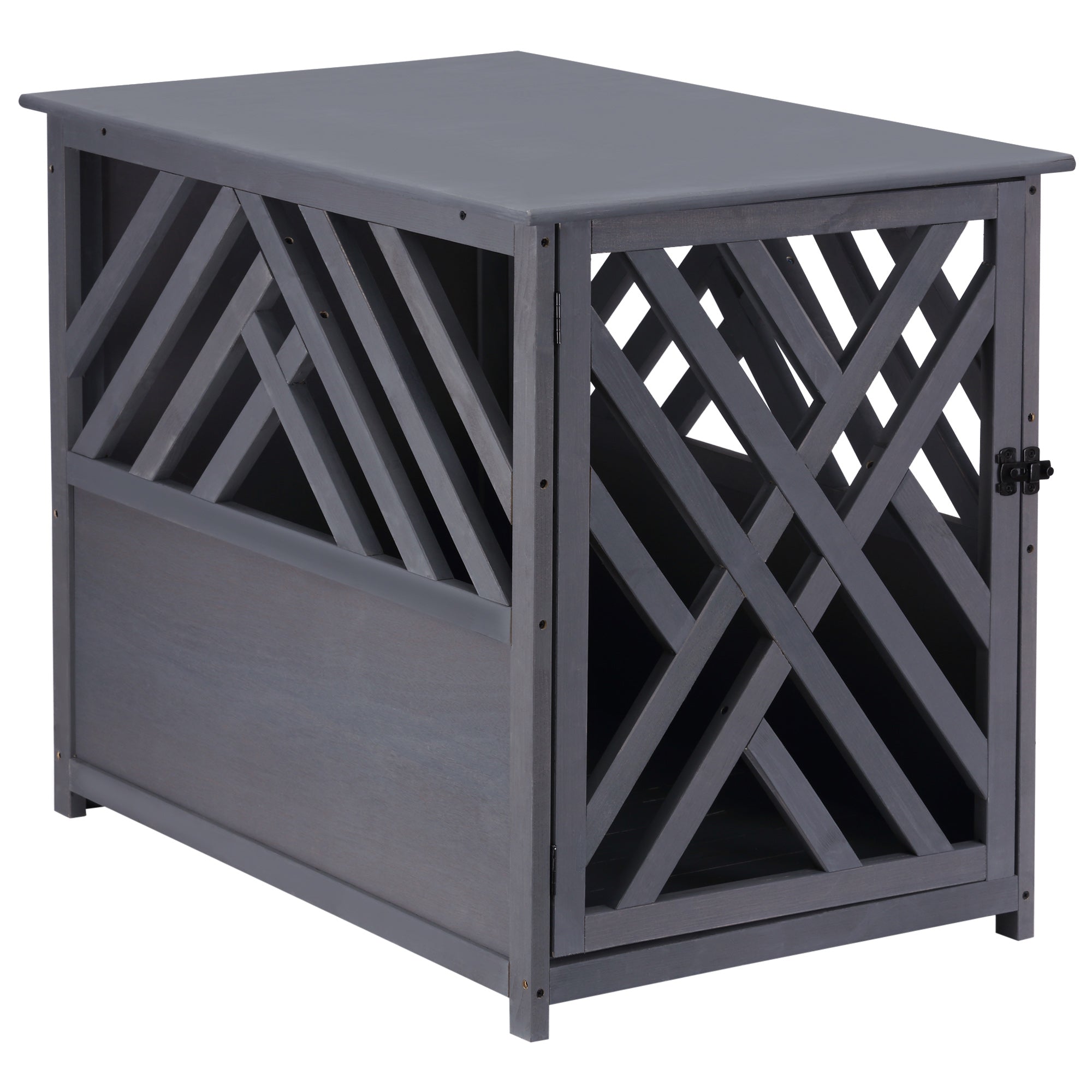 PawHut Furniture Style Wood Dog Crate End Table Decorative Dog Cage Kennel Lattice Night Stand with Lockable Door, Indoor Use, Grey