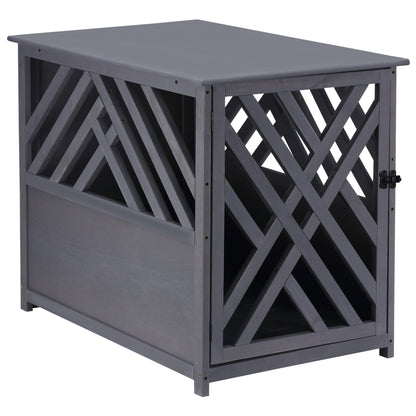 PawHut Furniture Style Wood Dog Crate End Table Decorative Dog Cage Kennel Lattice Night Stand with Lockable Door, Indoor Use, Grey
