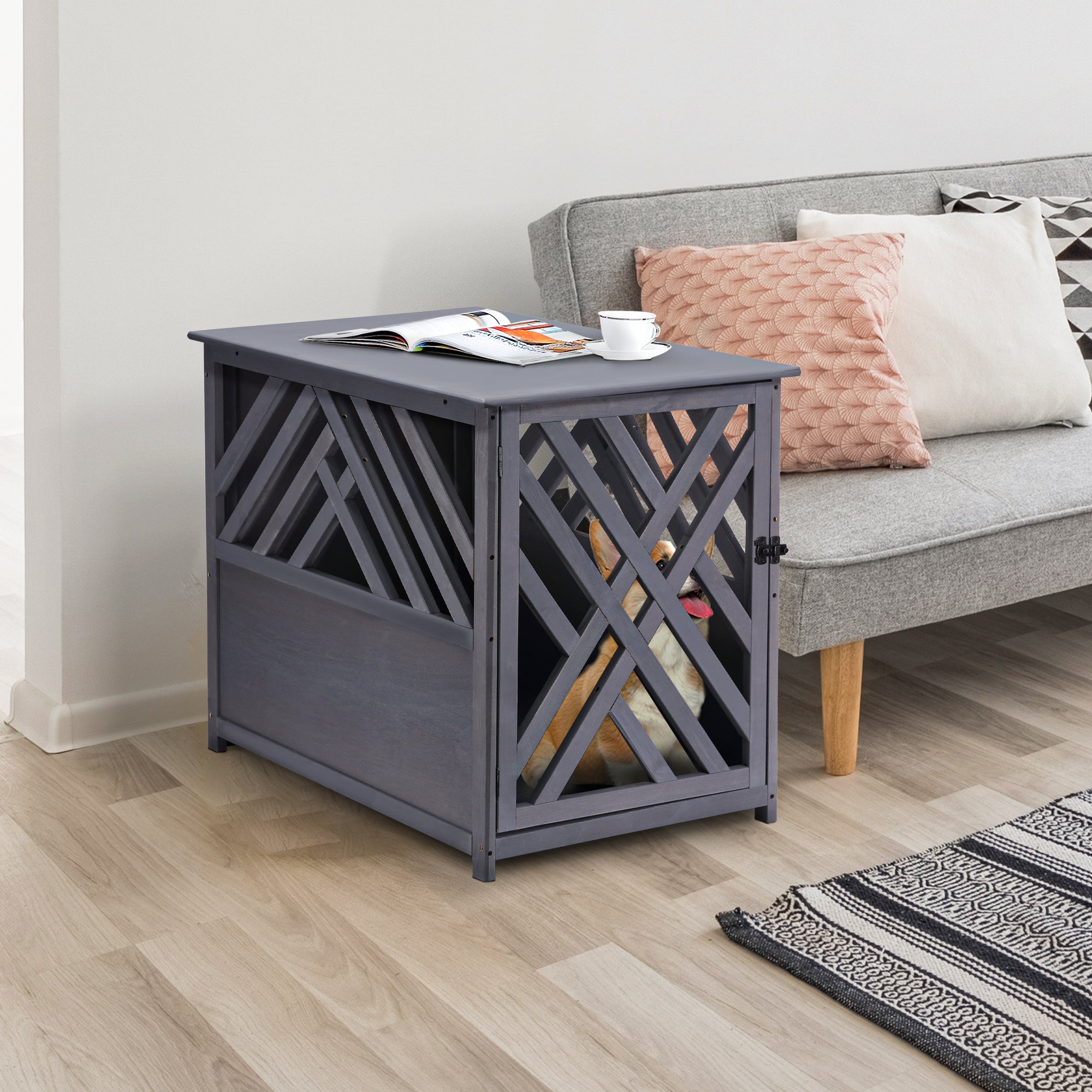 PawHut Furniture Style Wood Dog Crate End Table Decorative Dog Cage Kennel Lattice Night Stand with Lockable Door, Indoor Use, Grey