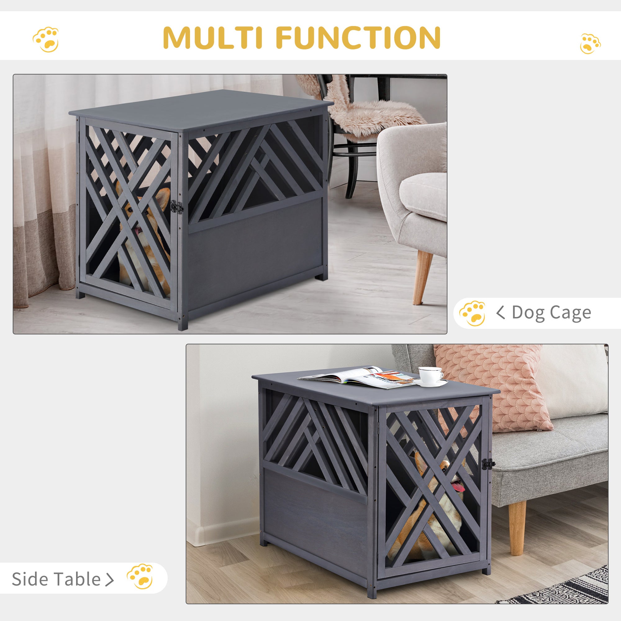 PawHut Furniture Style Wood Dog Crate End Table Decorative Dog Cage Kennel Lattice Night Stand with Lockable Door, Indoor Use, Grey