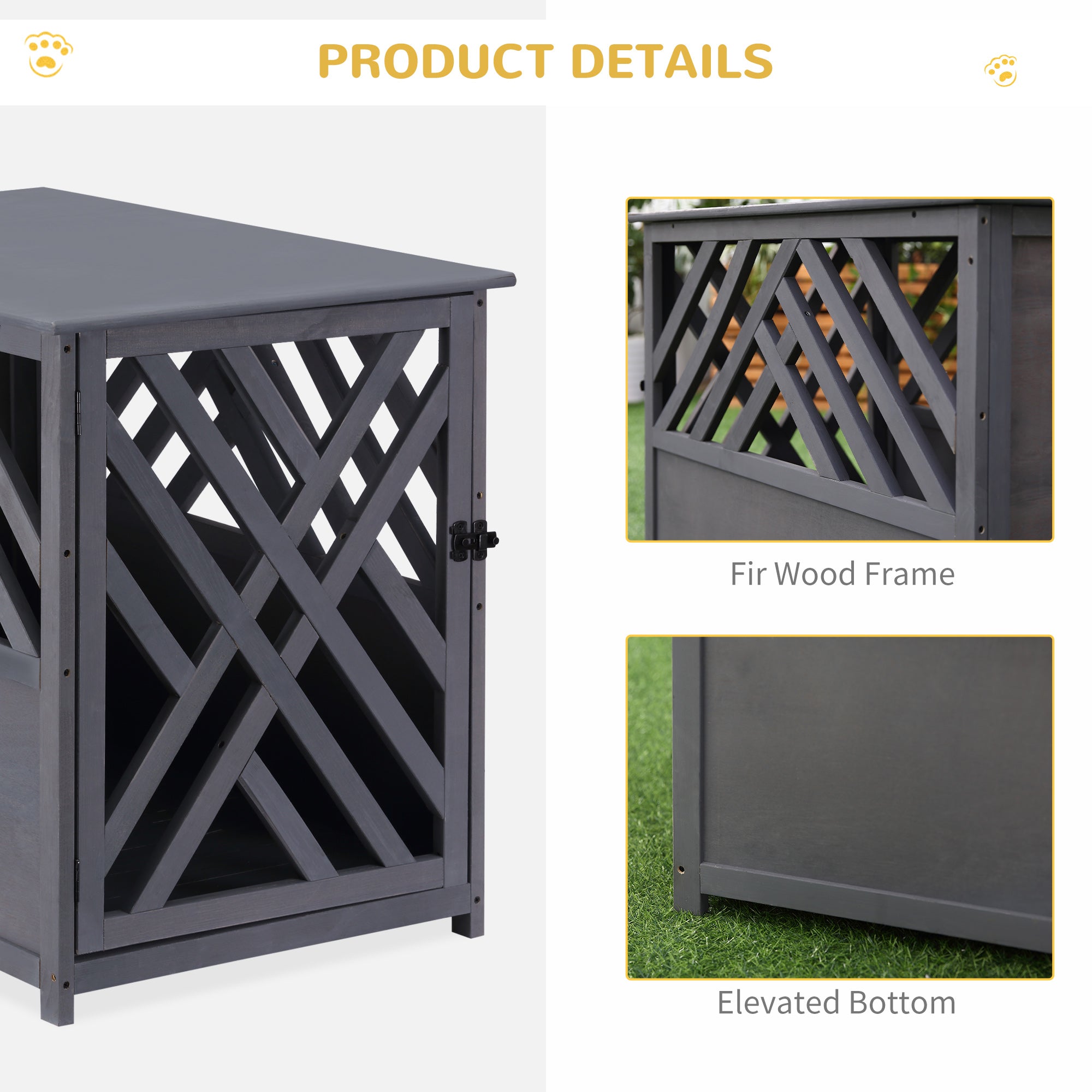 PawHut Furniture Style Wood Dog Crate End Table Decorative Dog Cage Kennel Lattice Night Stand with Lockable Door, Indoor Use, Grey