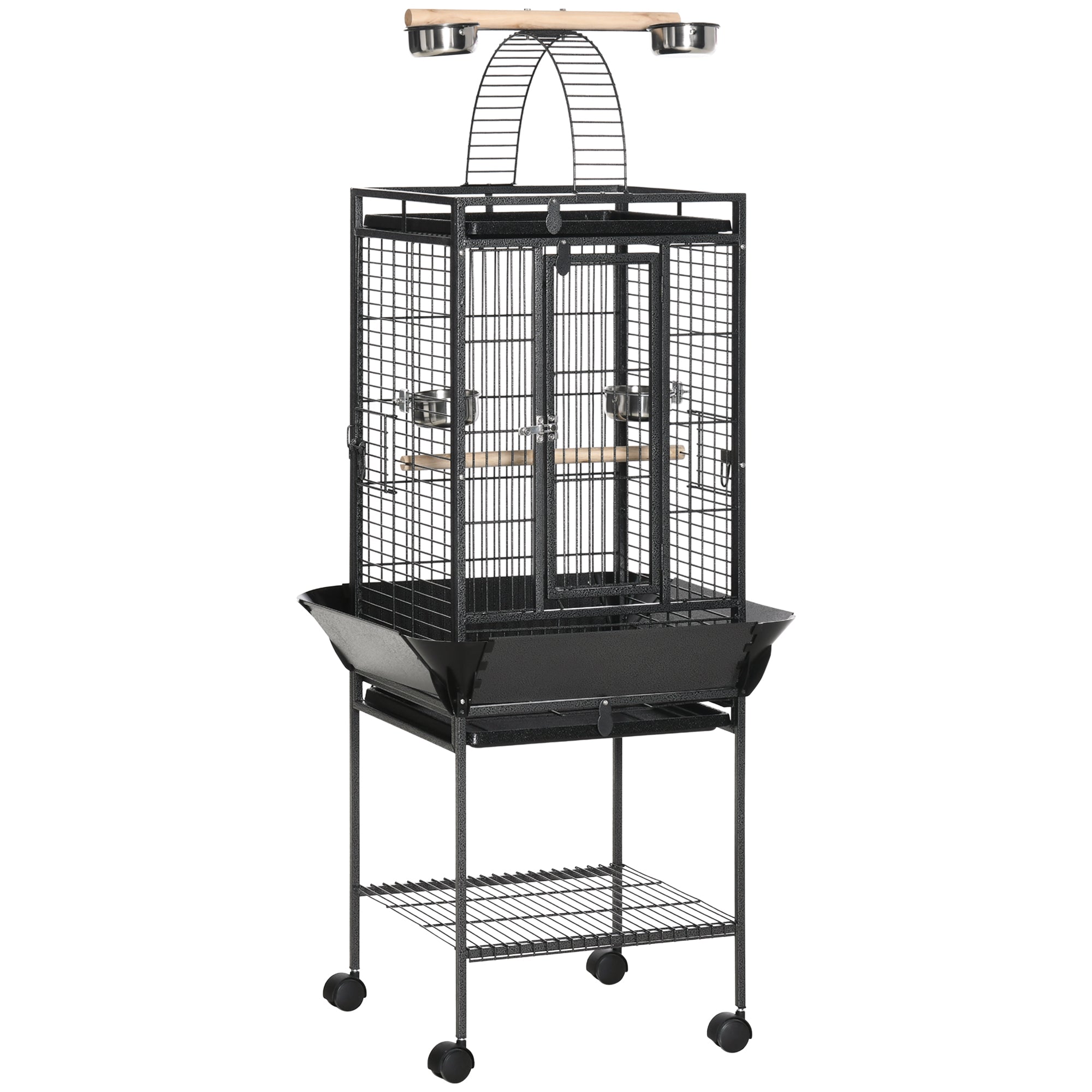 PawHut 61.5 Inch Bird Cage Parakeet House for Cockatiel with Stand, Pull Out Tray, Play Top, Storage Shelf, Wood Perch, Food Container, Black