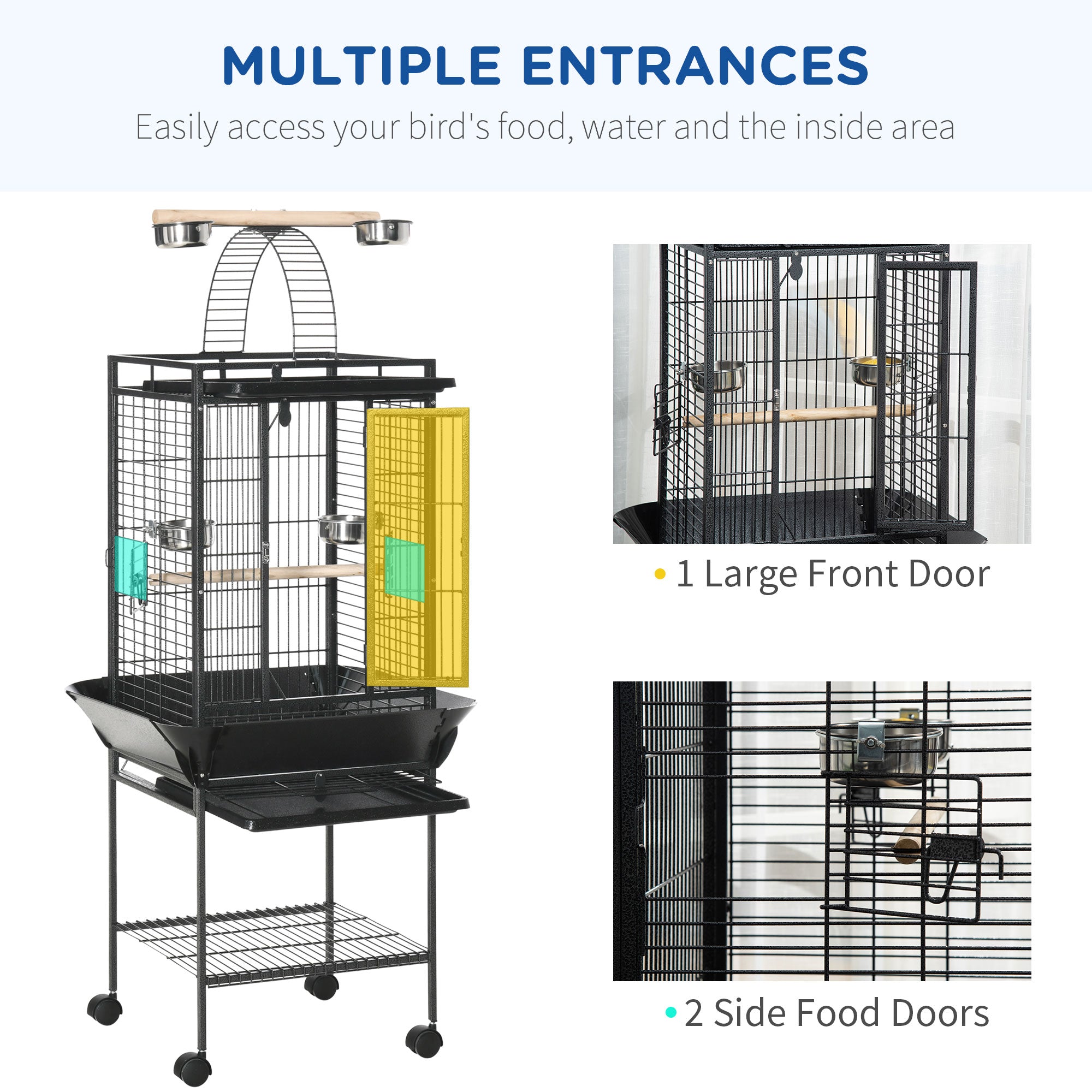 PawHut 61.5 Inch Bird Cage Parakeet House for Cockatiel with Stand, Pull Out Tray, Play Top, Storage Shelf, Wood Perch, Food Container, Black