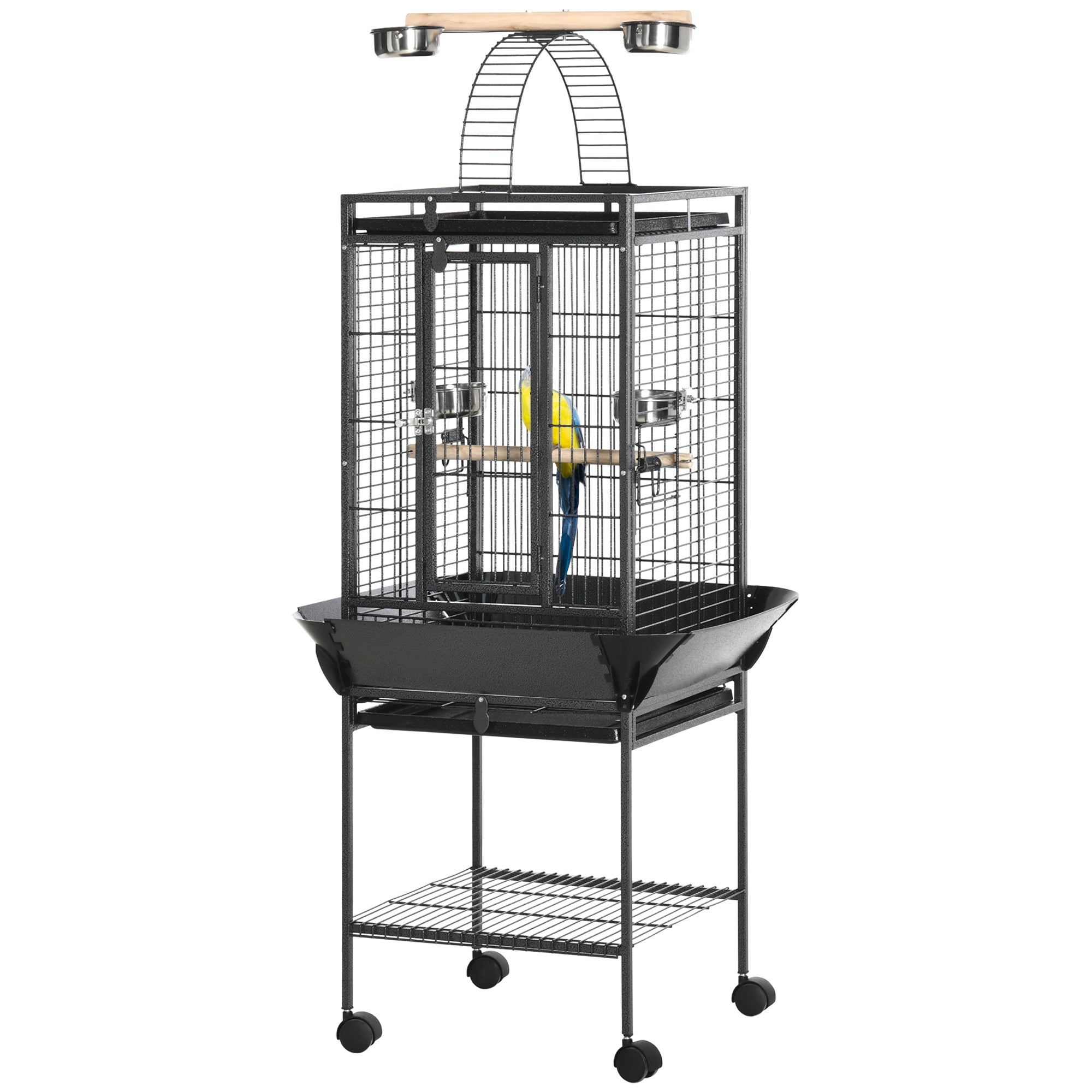 PawHut 61.5 Inch Bird Cage Parakeet House for Cockatiel with Stand, Pull Out Tray, Play Top, Storage Shelf, Wood Perch, Food Container, Black