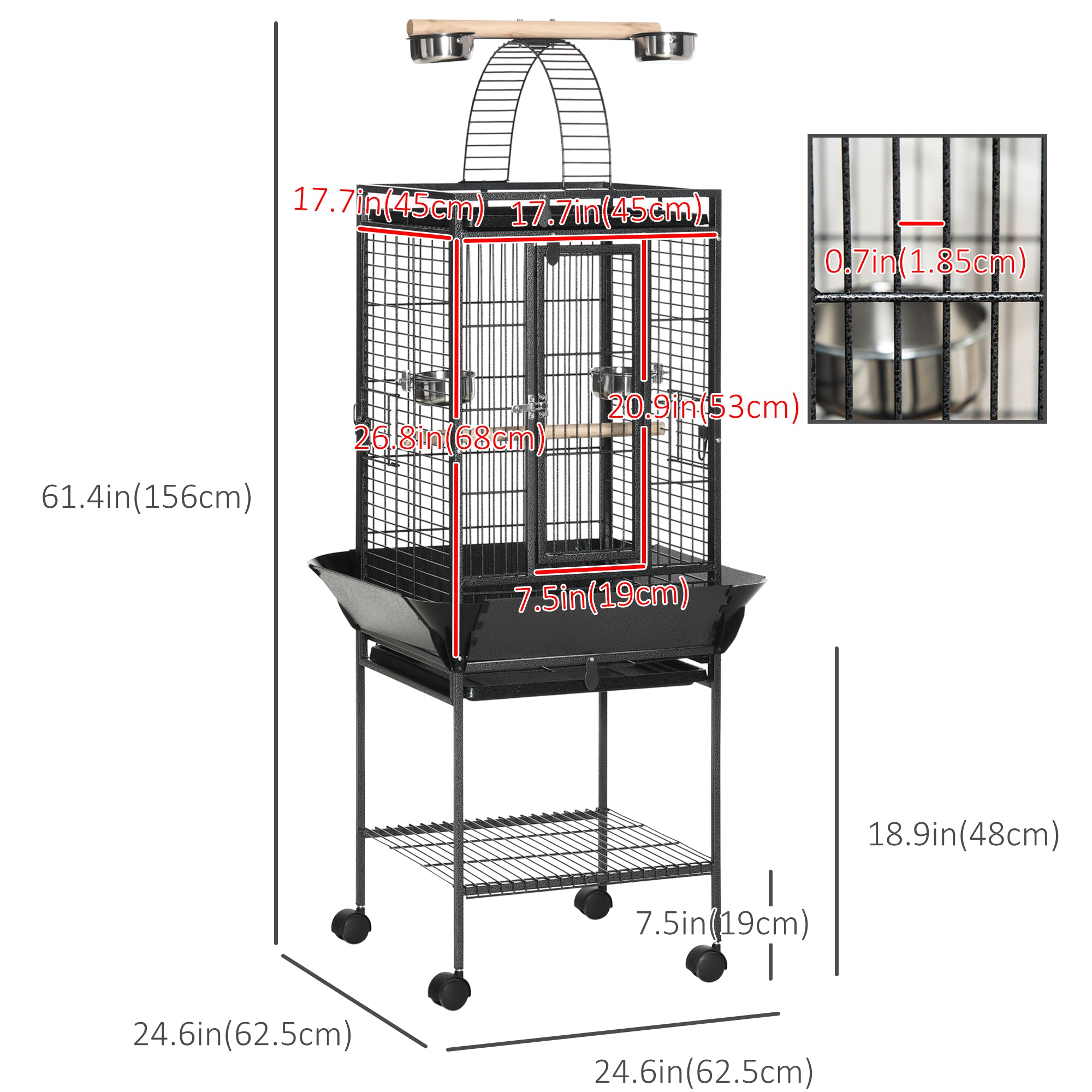 PawHut 61.5 Inch Bird Cage Parakeet House for Cockatiel with Stand, Pull Out Tray, Play Top, Storage Shelf, Wood Perch, Food Container, Black