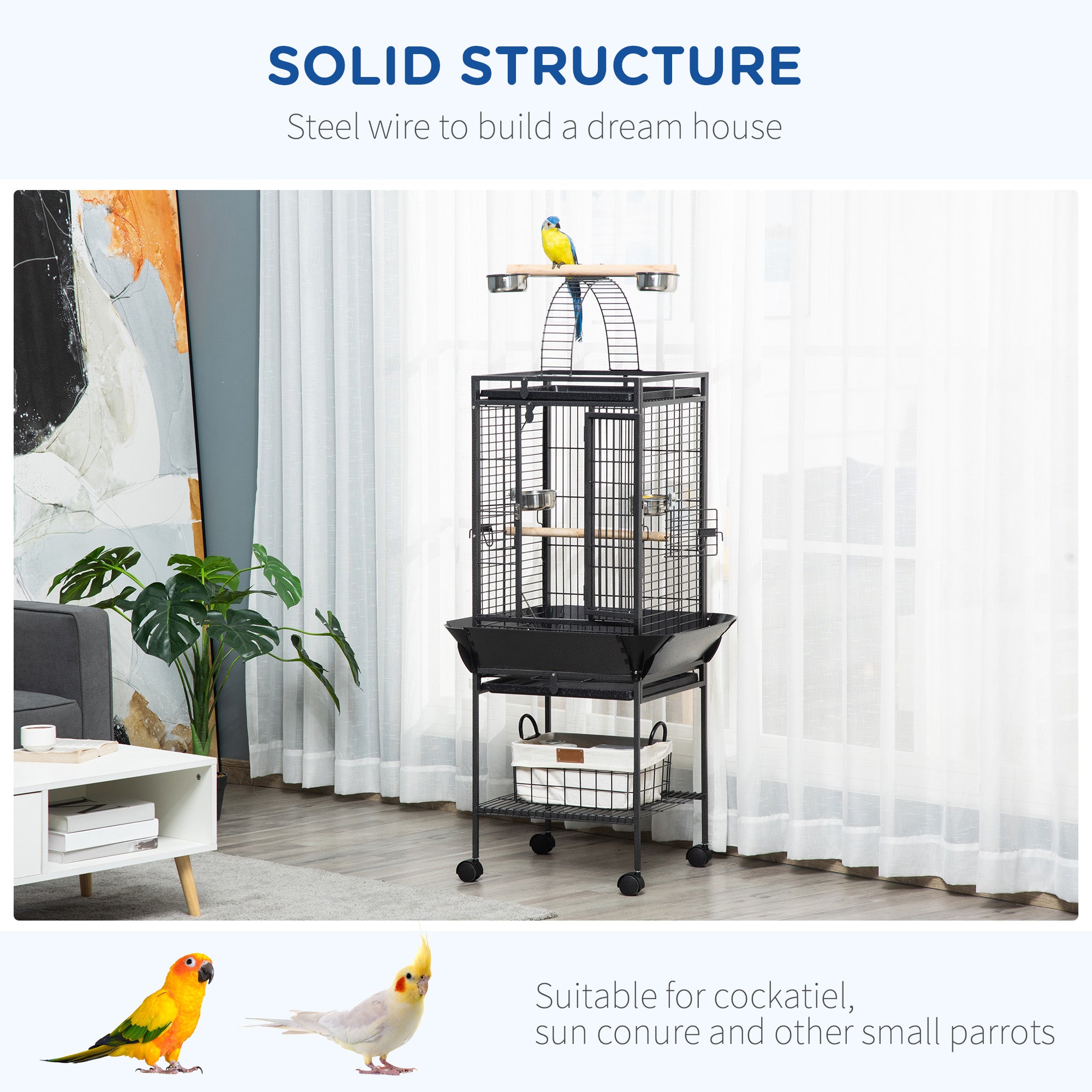 PawHut 61.5 Inch Bird Cage Parakeet House for Cockatiel with Stand, Pull Out Tray, Play Top, Storage Shelf, Wood Perch, Food Container, Black