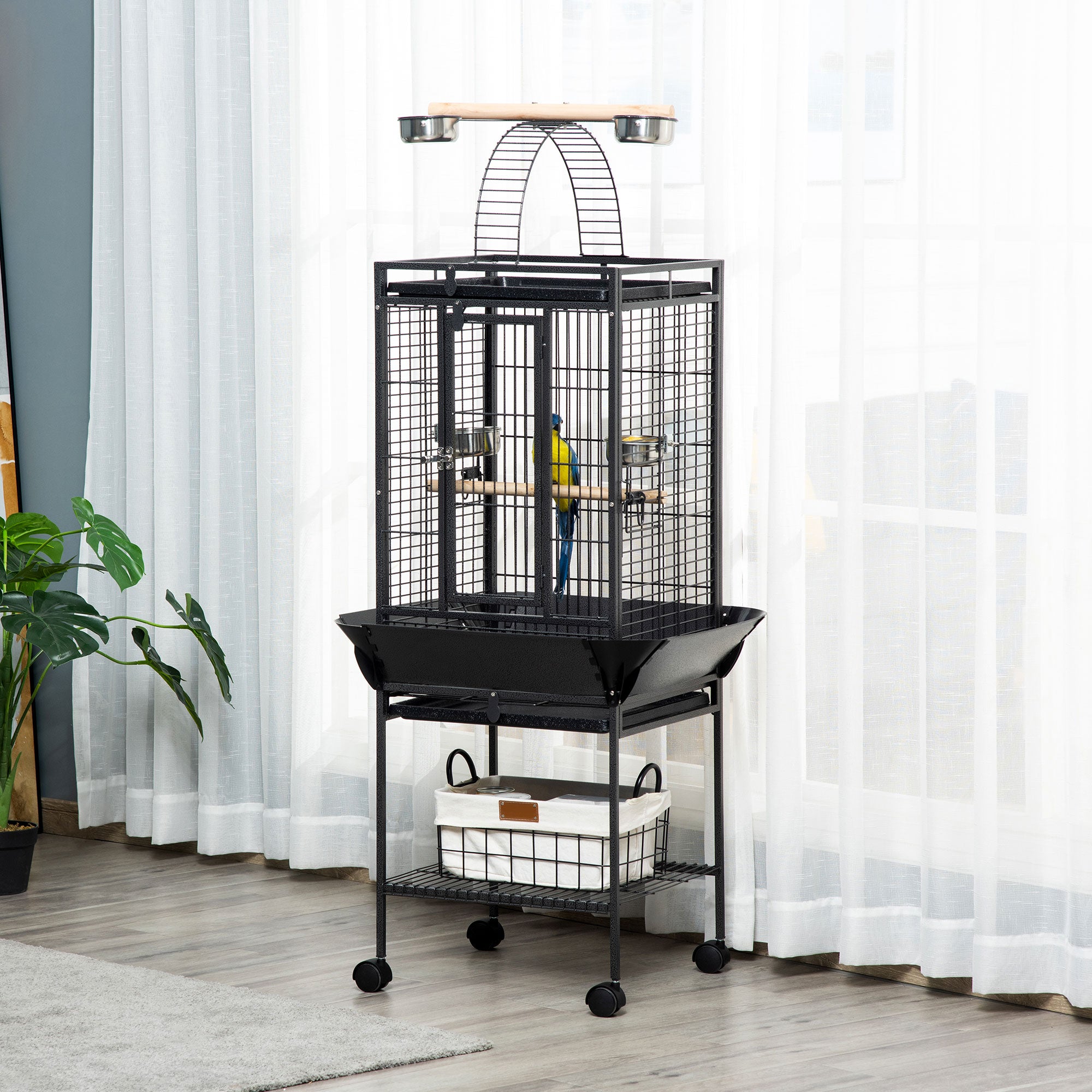 PawHut 61.5 Inch Bird Cage Parakeet House for Cockatiel with Stand, Pull Out Tray, Play Top, Storage Shelf, Wood Perch, Food Container, Black