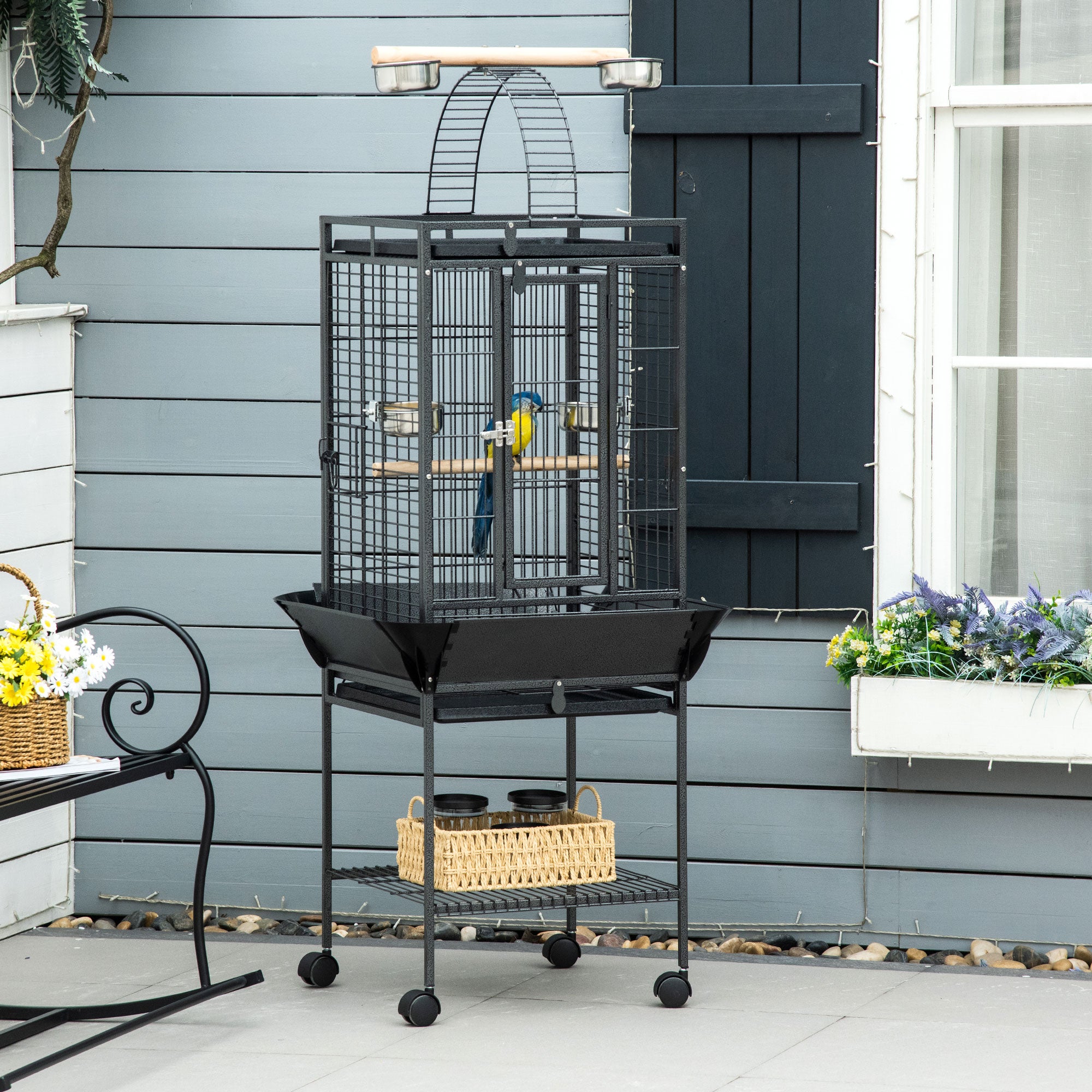 PawHut 61.5 Inch Bird Cage Parakeet House for Cockatiel with Stand, Pull Out Tray, Play Top, Storage Shelf, Wood Perch, Food Container, Black