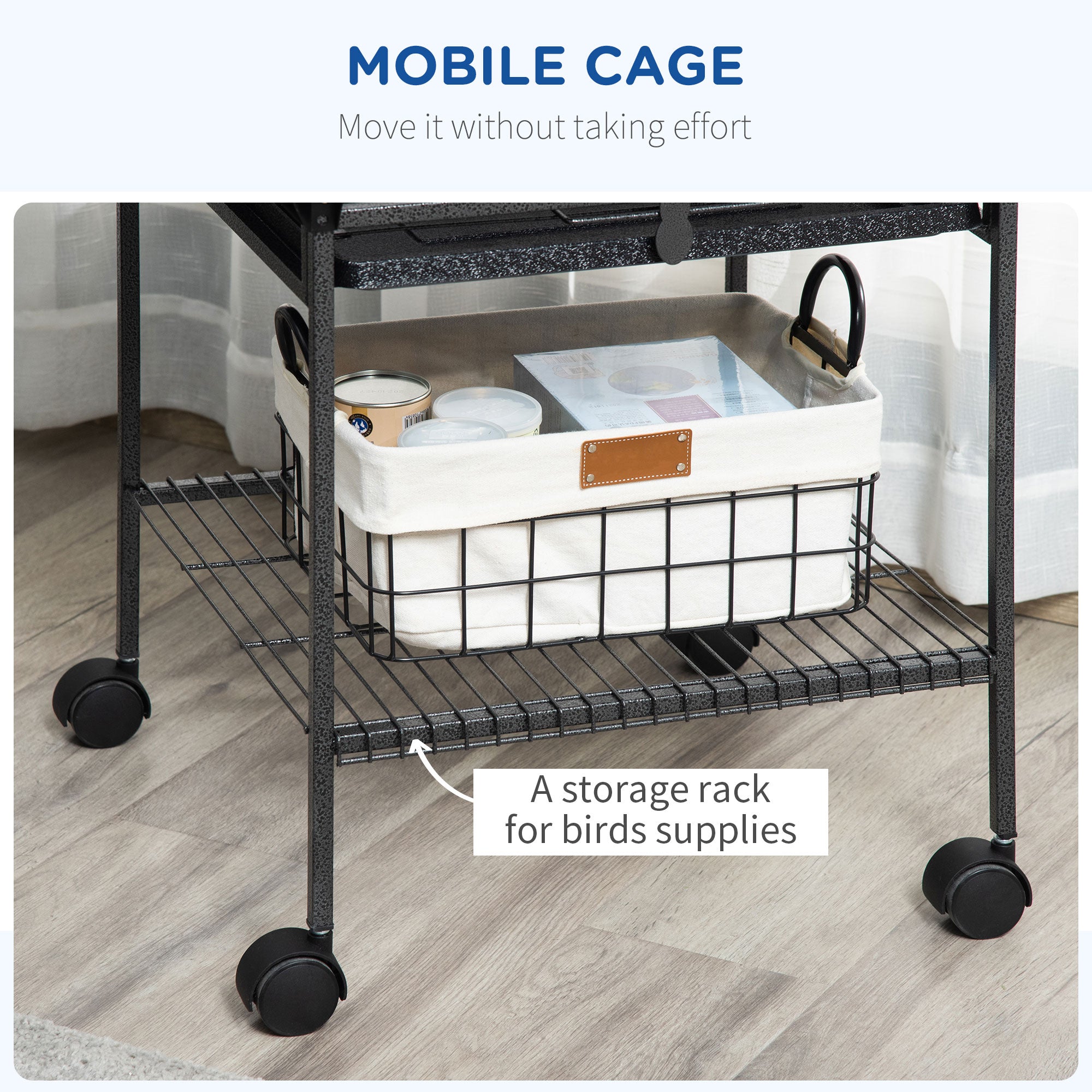 PawHut 61.5 Inch Bird Cage Parakeet House for Cockatiel with Stand, Pull Out Tray, Play Top, Storage Shelf, Wood Perch, Food Container, Black