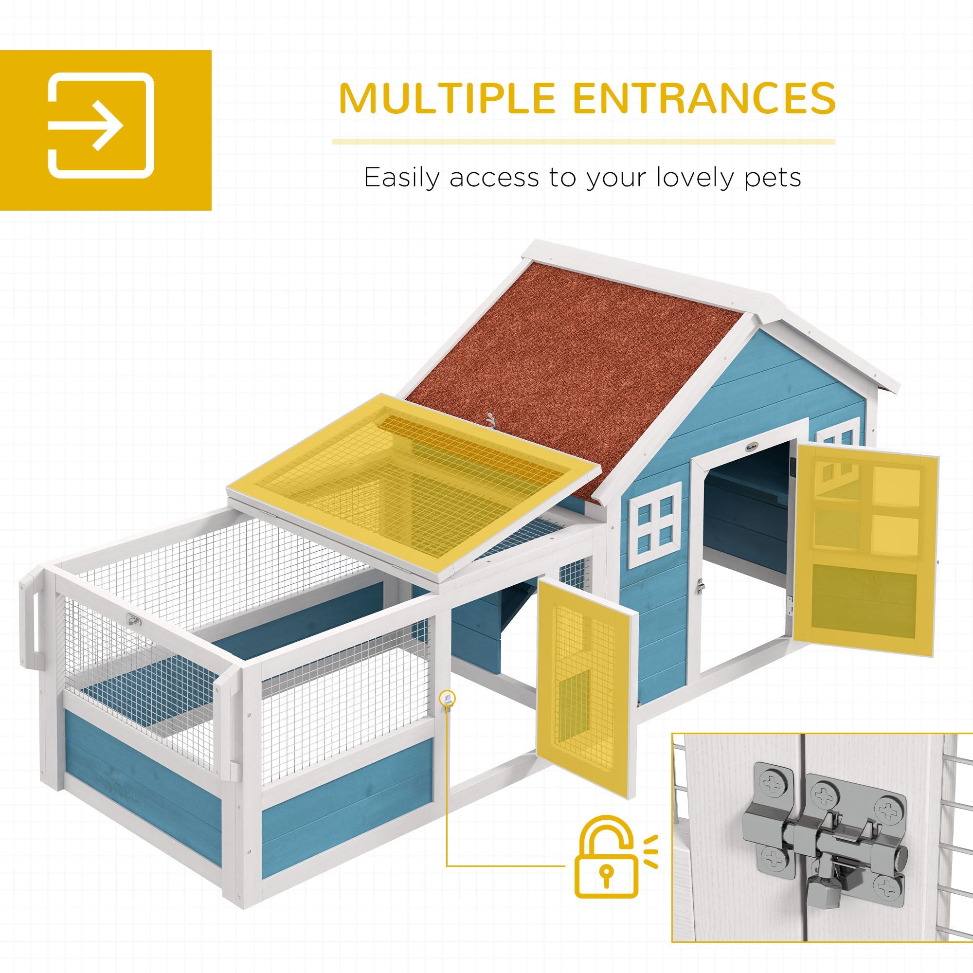 PawHut Rabbit Hutch Outdoor, Bunny Cage Guinea Pig House Small Animals Habitat with Asphalt Roof, Handle, Easy to Move Wheels