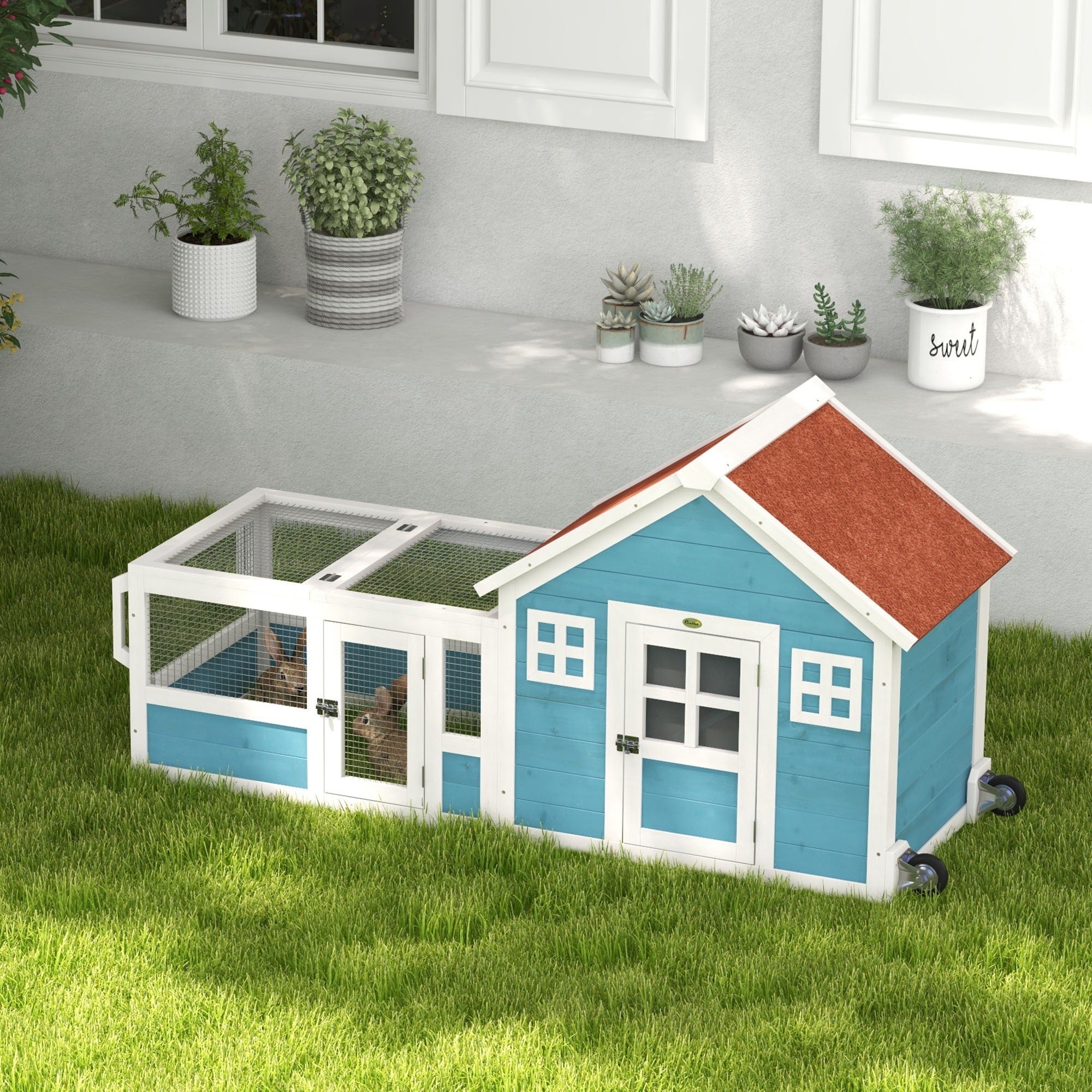 PawHut Rabbit Hutch Outdoor, Bunny Cage Guinea Pig House Small Animals Habitat with Asphalt Roof, Handle, Easy to Move Wheels