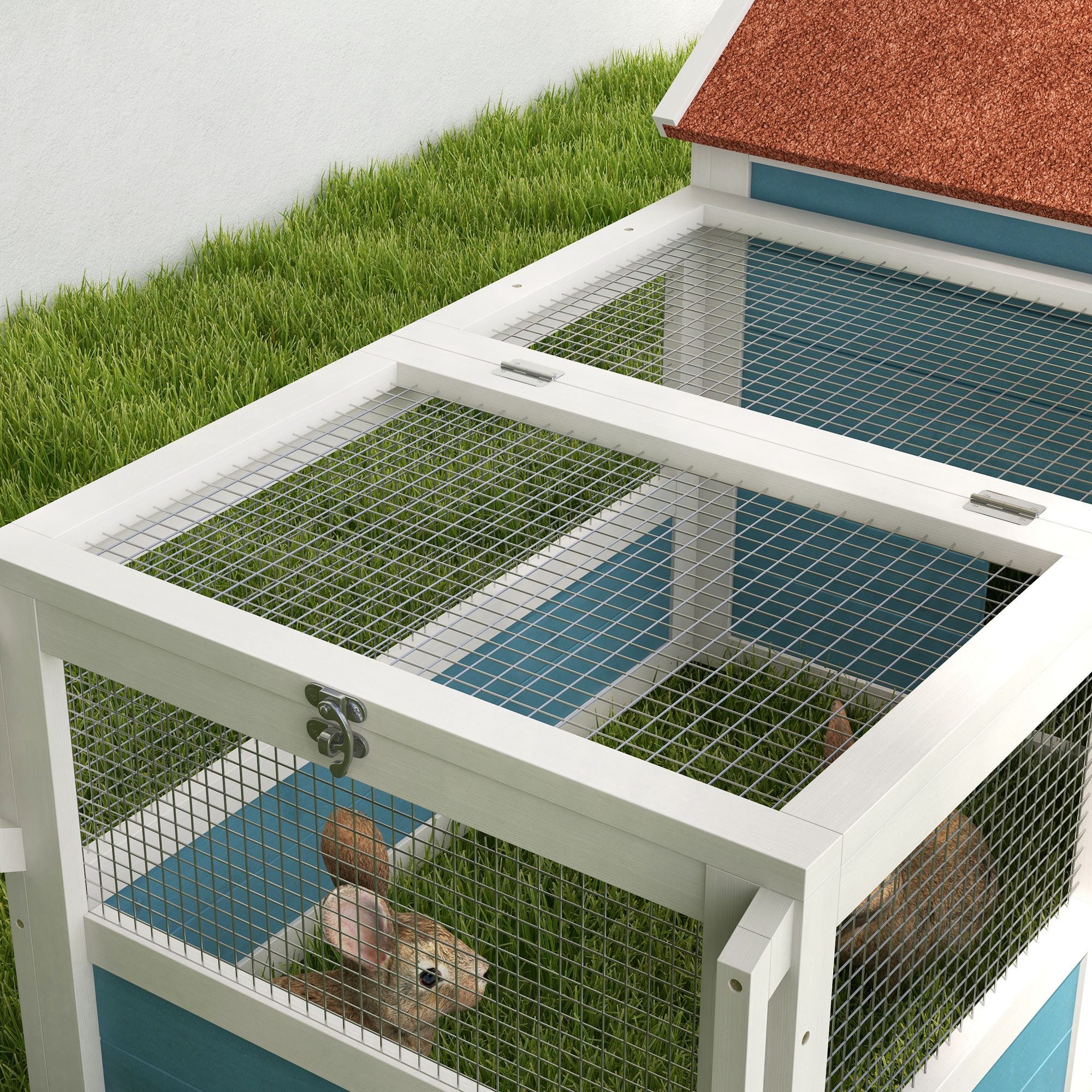 PawHut Rabbit Hutch Outdoor, Bunny Cage Guinea Pig House Small Animals Habitat with Asphalt Roof, Handle, Easy to Move Wheels