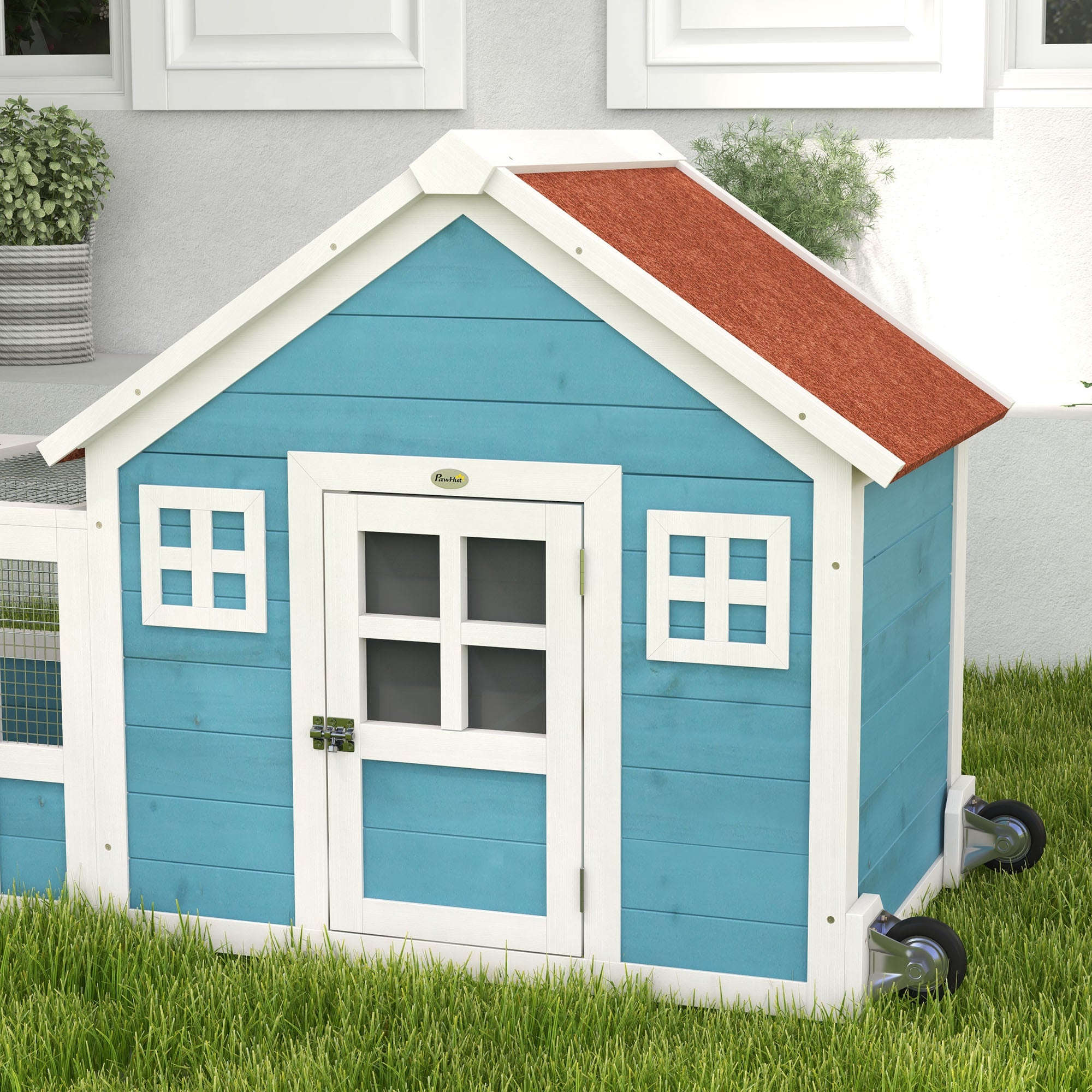 PawHut Rabbit Hutch Outdoor, Bunny Cage Guinea Pig House Small Animals Habitat with Asphalt Roof, Handle, Easy to Move Wheels