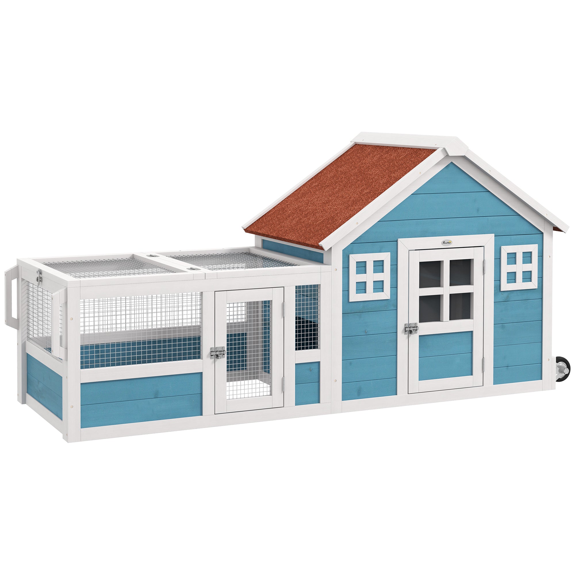 PawHut Rabbit Hutch Outdoor, Bunny Cage Guinea Pig House Small Animals Habitat with Asphalt Roof, Handle, Easy to Move Wheels