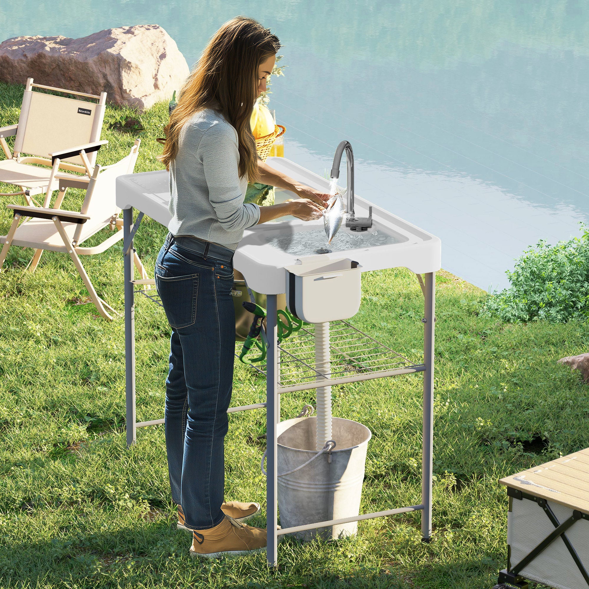 Outsunny Folding Fish Cleaning Table with Sinks, Camping Sink with Faucet Drainage Hose Sprayer Shelf Drawer Storage Basket, Outdoor Sink Station for Beach Patio Picnic, White