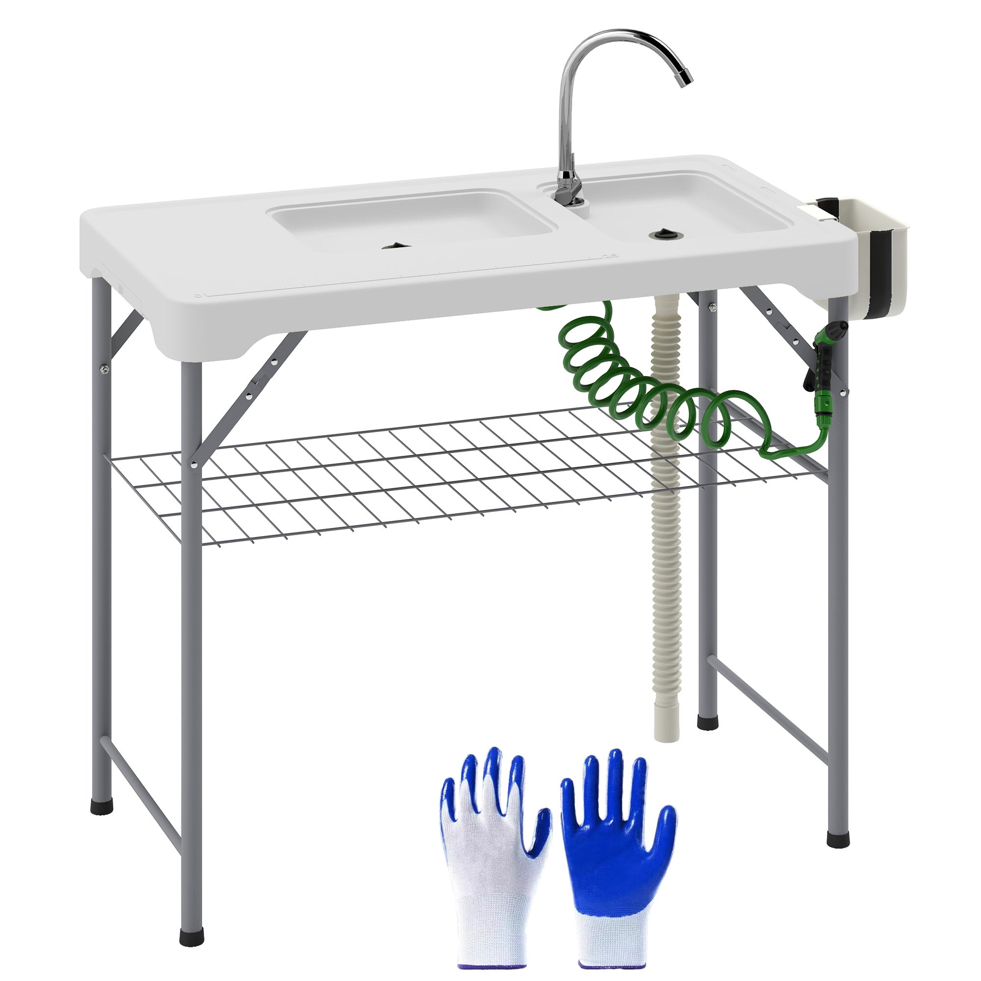 Outsunny Folding Fish Cleaning Table with Sinks, Camping Sink with Faucet Drainage Hose Sprayer Shelf Drawer Storage Basket, Outdoor Sink Station for Beach Patio Picnic, White