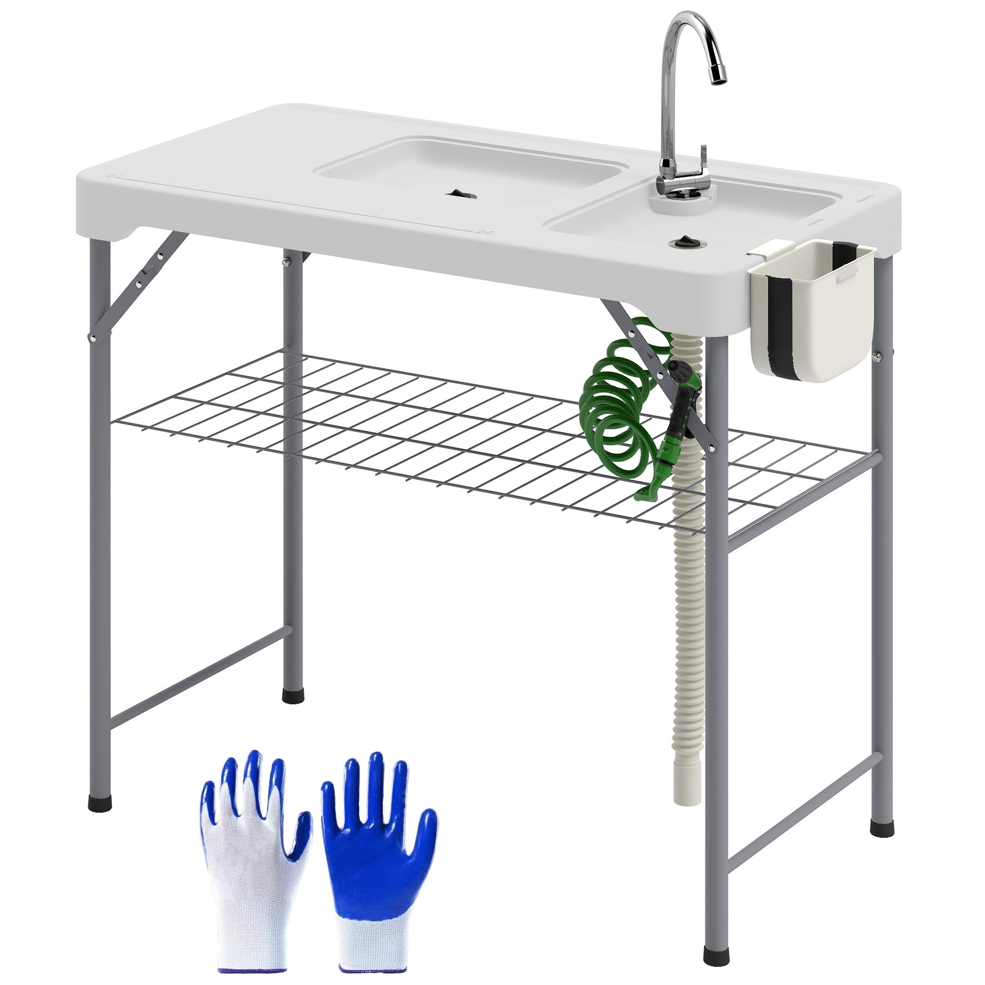 Outsunny Folding Fish Cleaning Table with Sinks, Camping Sink with Faucet Drainage Hose Sprayer Shelf Drawer Storage Basket, Outdoor Sink Station for Beach Patio Picnic, White