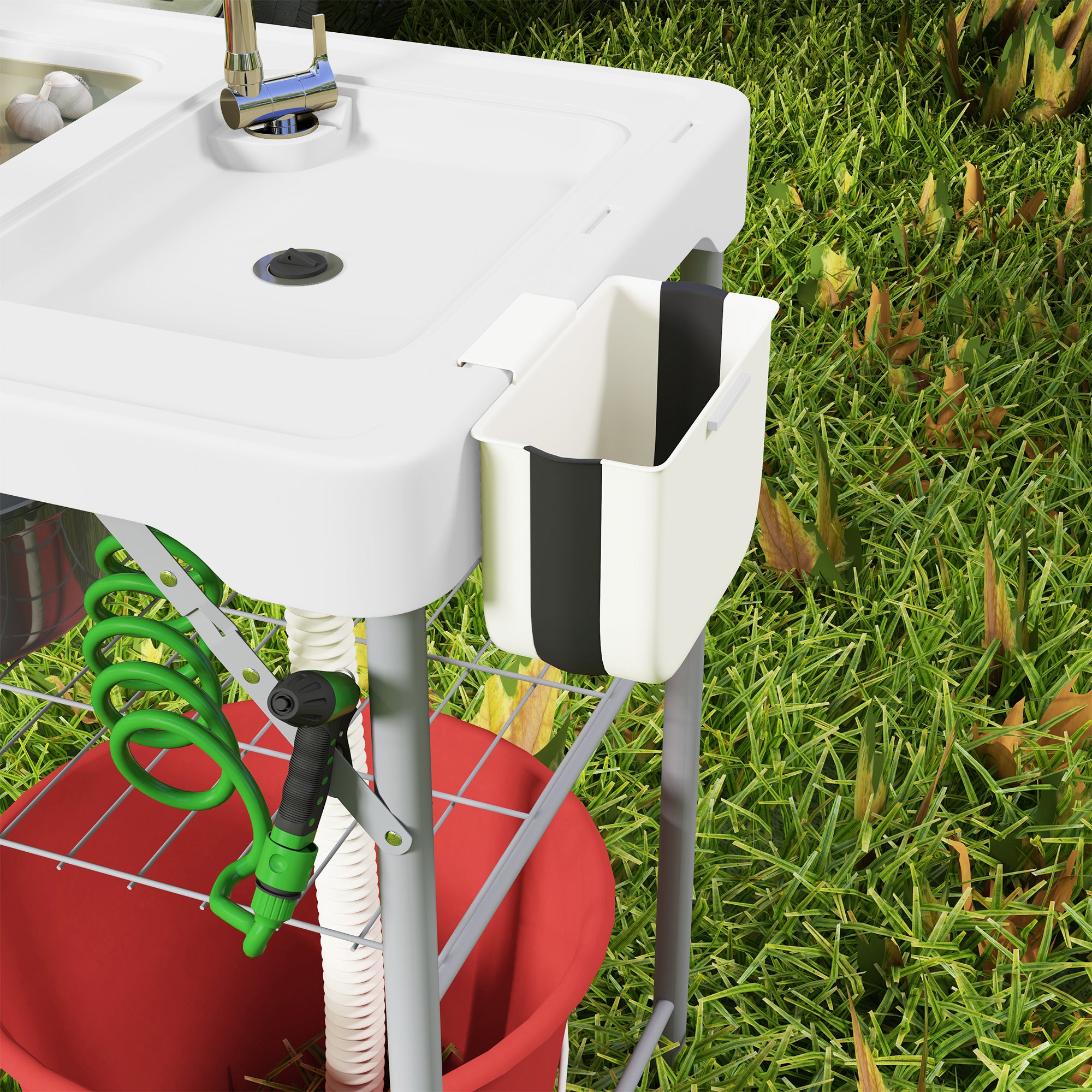 Outsunny Folding Fish Cleaning Table with Sinks, Camping Sink with Faucet Drainage Hose Sprayer Shelf Drawer Storage Basket, Outdoor Sink Station for Beach Patio Picnic, White