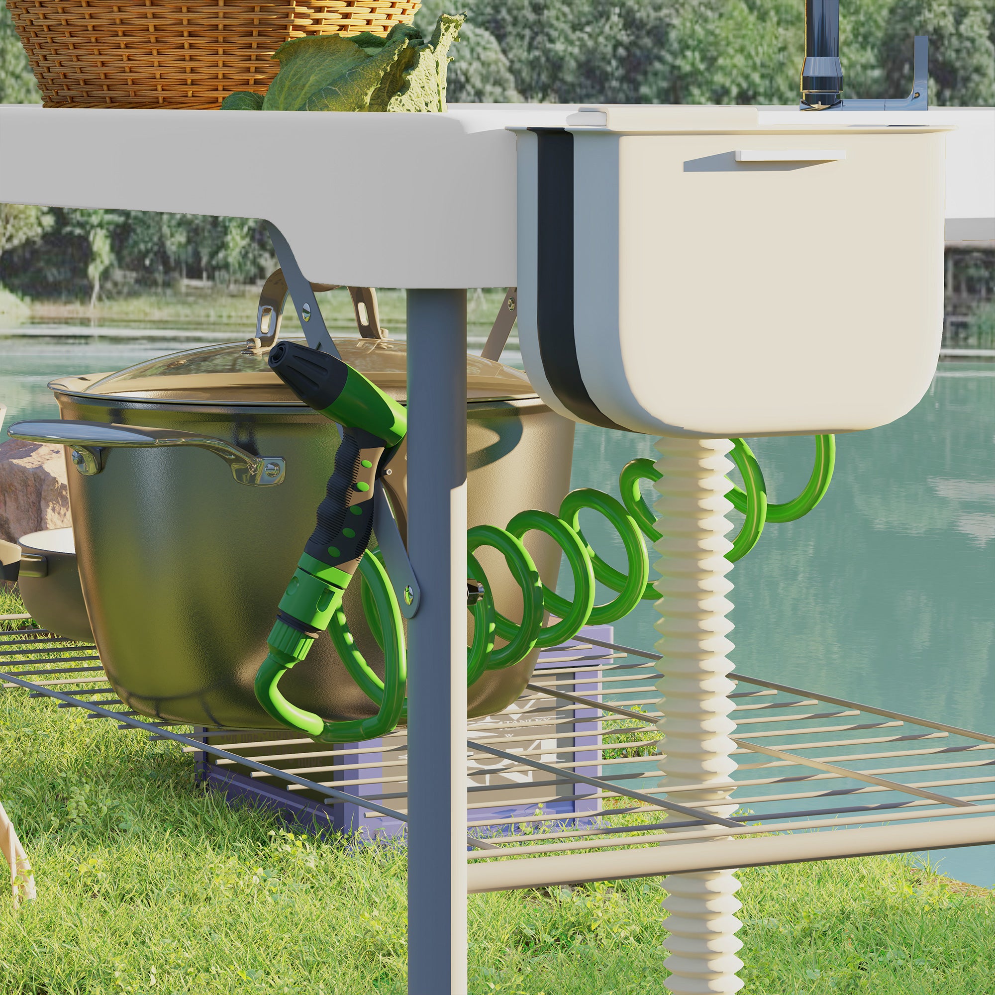 Outsunny Folding Fish Cleaning Table with Sinks, Camping Sink with Faucet Drainage Hose Sprayer Shelf Drawer Storage Basket, Outdoor Sink Station for Beach Patio Picnic, White