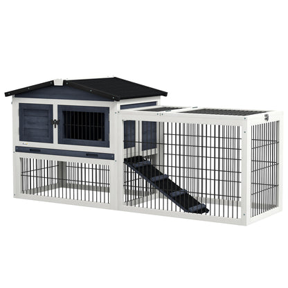 PawHut Rabbit Hutch Outdoor, 59" Wooden Bunny Cage with Openable Top, Run, Asphalt Roof, No-Leak Tray, Ramp, for Rabbits, Guinea Pig, Dark Gray