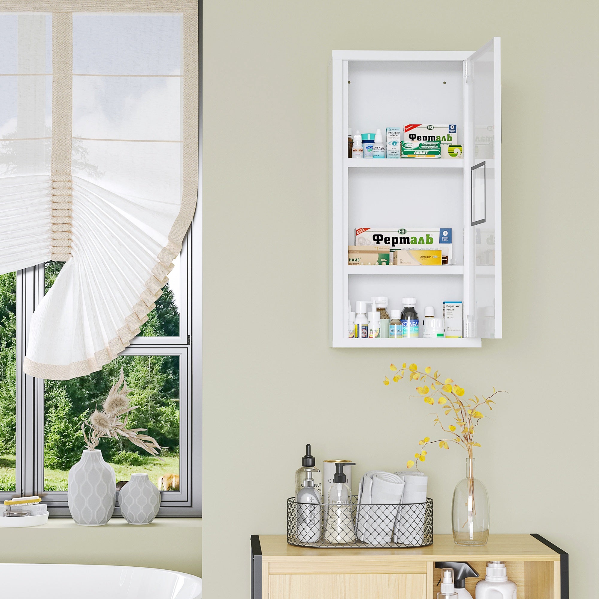 kleankin 12" x 24" Wall Medicine Cabinet, 3 Tier Steel Wall Cabinet for Bathroom, Kitchen, White