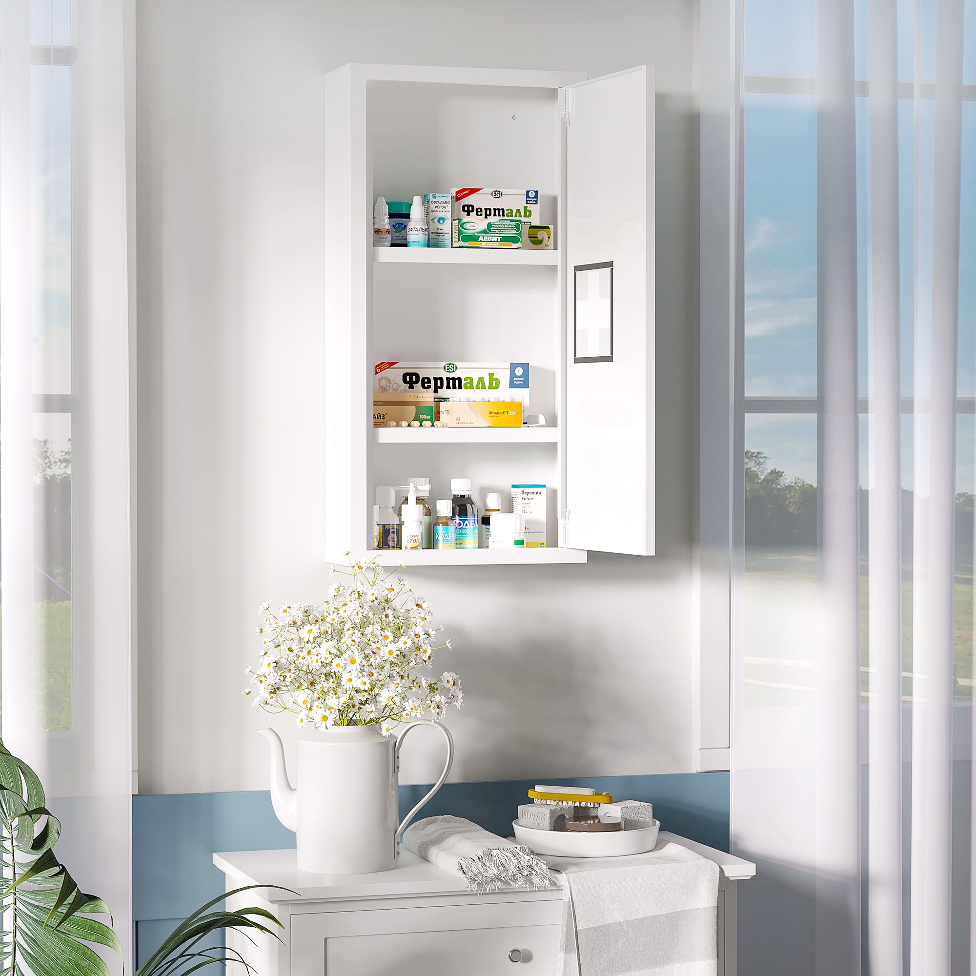 kleankin 12" x 24" Wall Medicine Cabinet, 3 Tier Steel Wall Cabinet for Bathroom, Kitchen, White