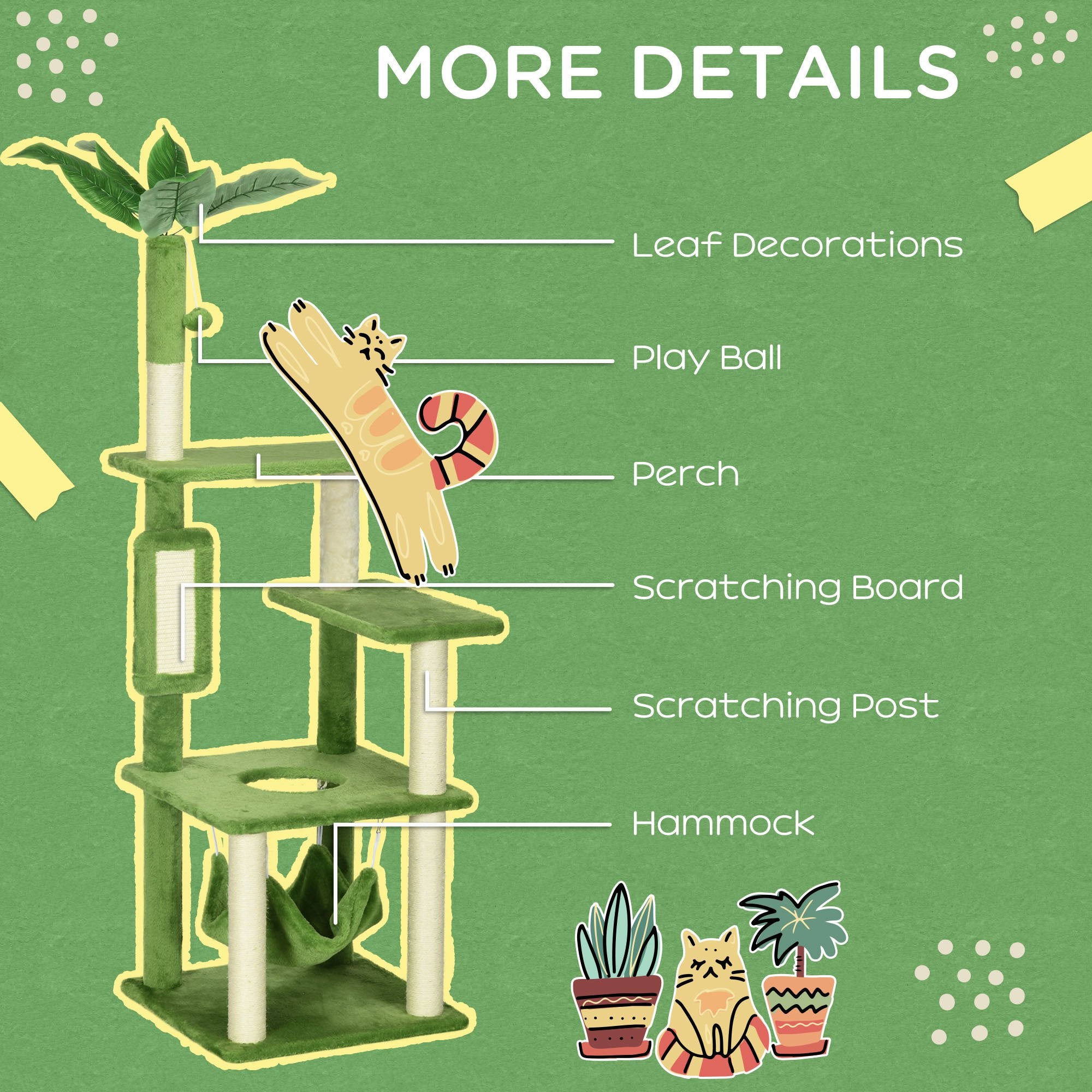 PawHut 56" Cat Tree for Large Cats Adult with Hammock, Cat Tower with Scratching Post, Platforms, Play Ball and Anti-tipping Device, for Indoor Cats, Green