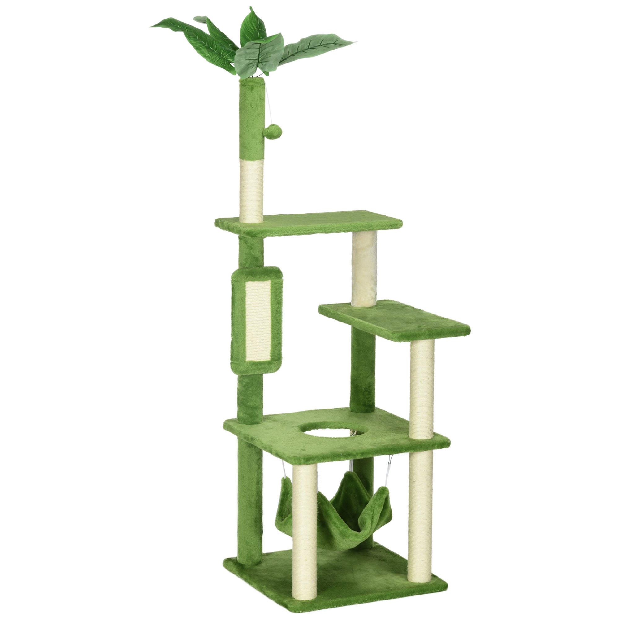 PawHut 56" Cat Tree for Large Cats Adult with Hammock, Cat Tower with Scratching Post, Platforms, Play Ball and Anti-tipping Device, for Indoor Cats, Green