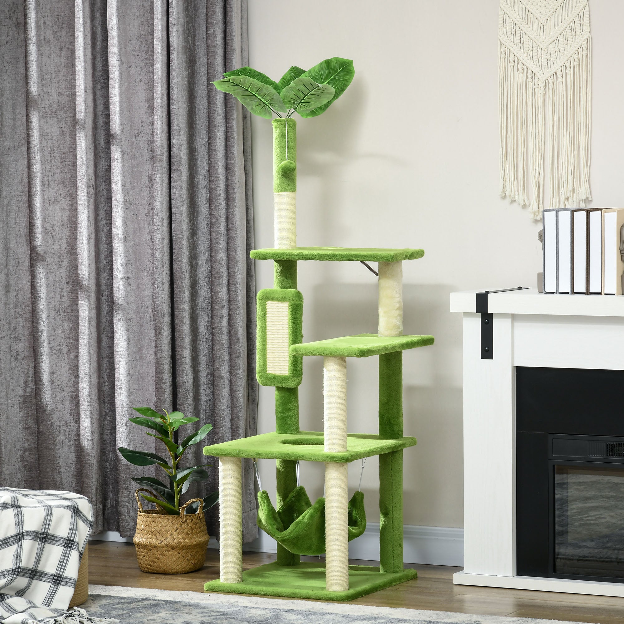 PawHut 56" Cat Tree for Large Cats Adult with Hammock, Cat Tower with Scratching Post, Platforms, Play Ball and Anti-tipping Device, for Indoor Cats, Green