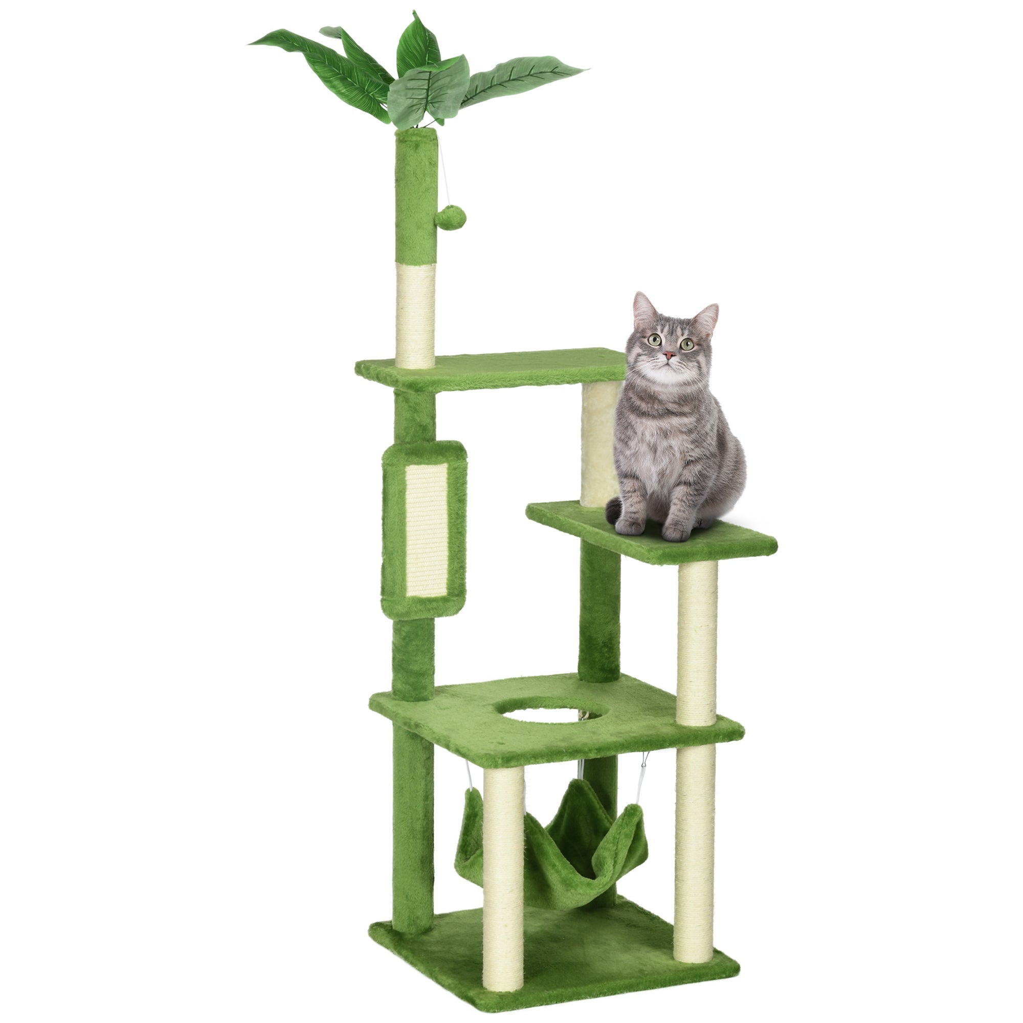 PawHut 56" Cat Tree for Large Cats Adult with Hammock, Cat Tower with Scratching Post, Platforms, Play Ball and Anti-tipping Device, for Indoor Cats, Green