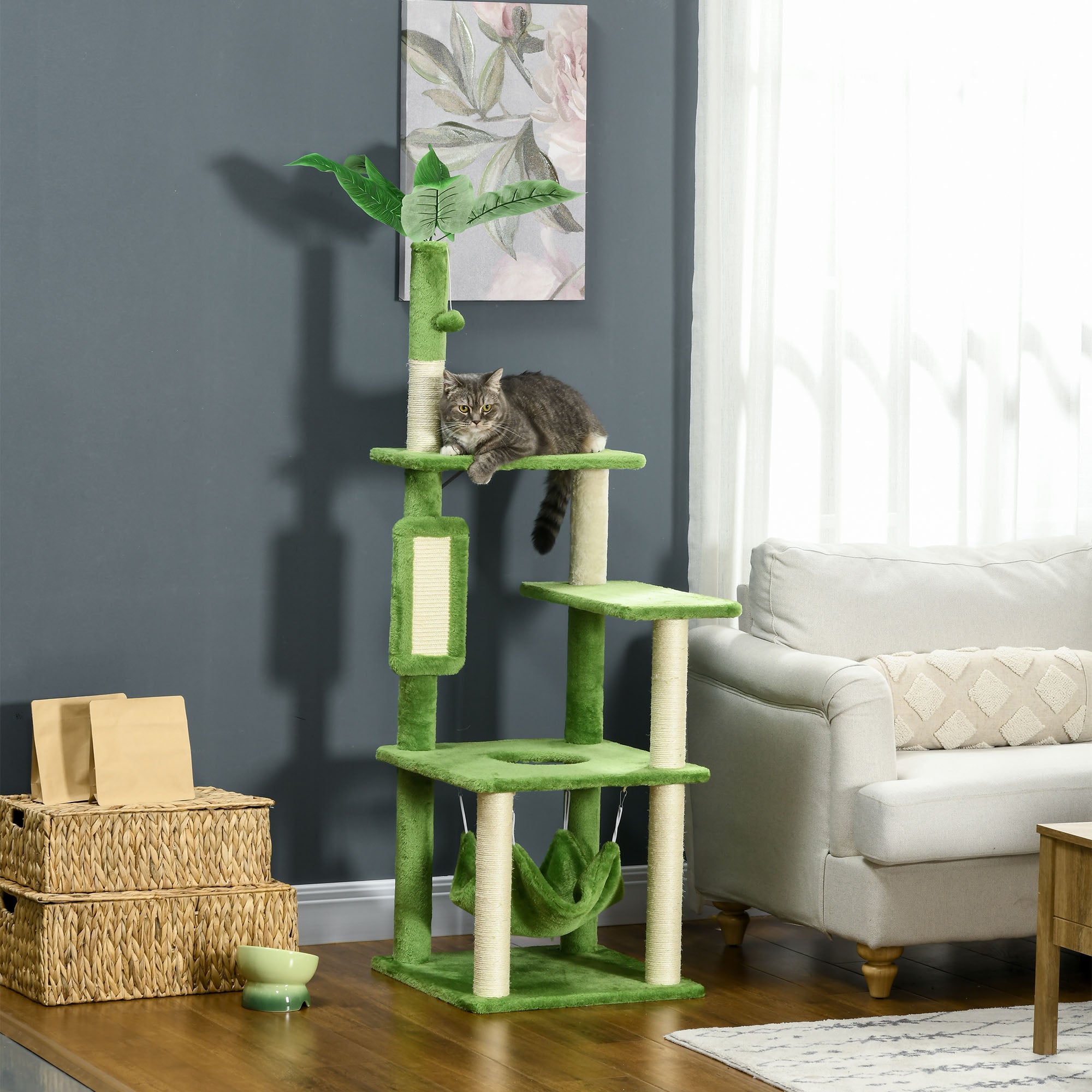 PawHut 56" Cat Tree for Large Cats Adult with Hammock, Cat Tower with Scratching Post, Platforms, Play Ball and Anti-tipping Device, for Indoor Cats, Green