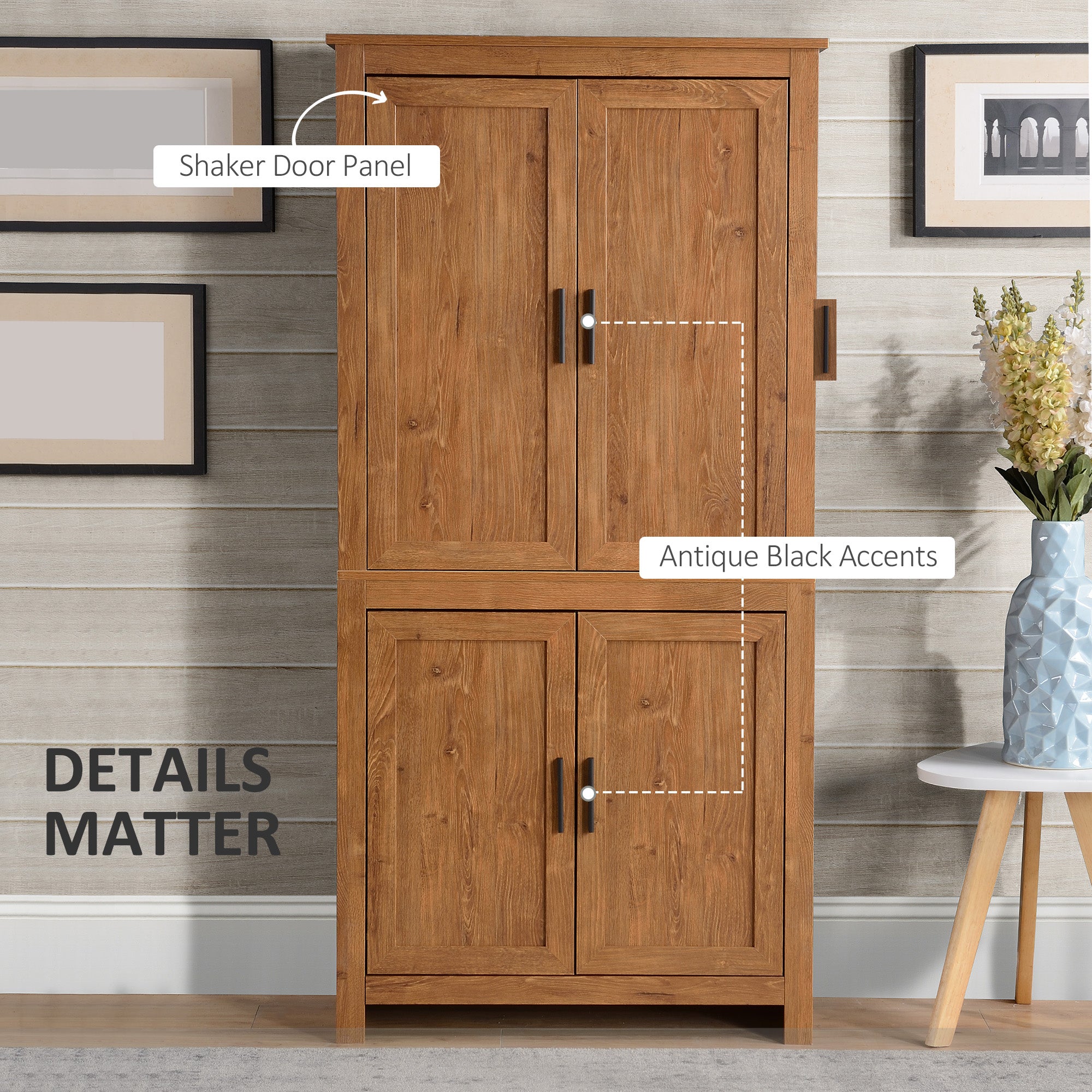 HOMCOM 64" Kitchen Pantry Cabinet, Kitchen Pantry Storage Cabinet with 4 Doors and 3 Adjustable Shelves, Oak