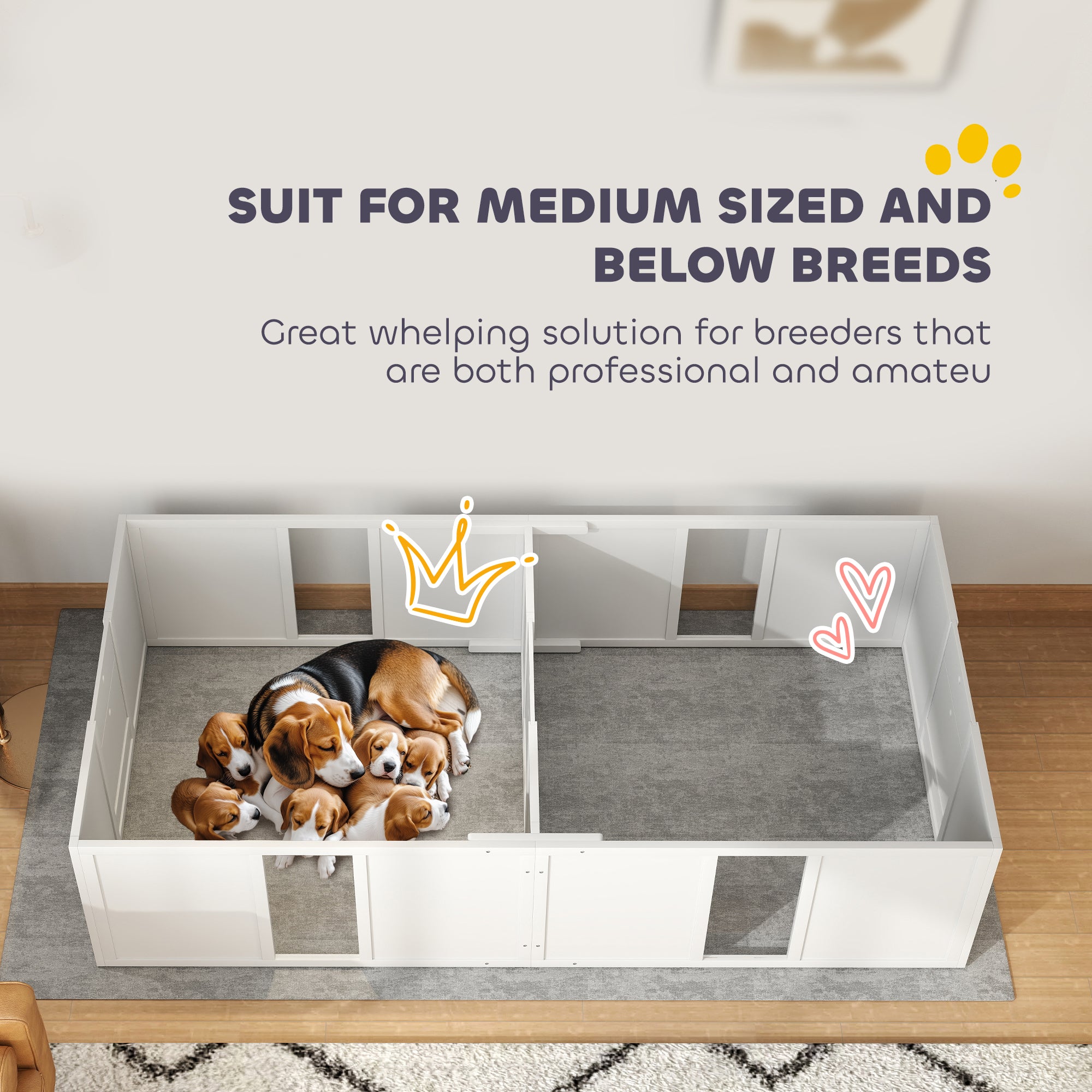 PawHut Whelping Box for Dogs and Puppies, Dog Whelping Pen, Dog Birth Supplies Indoor with Removable Adjustable Height Doors, for Medium Sized Dogs, 77" x 38" x 19"