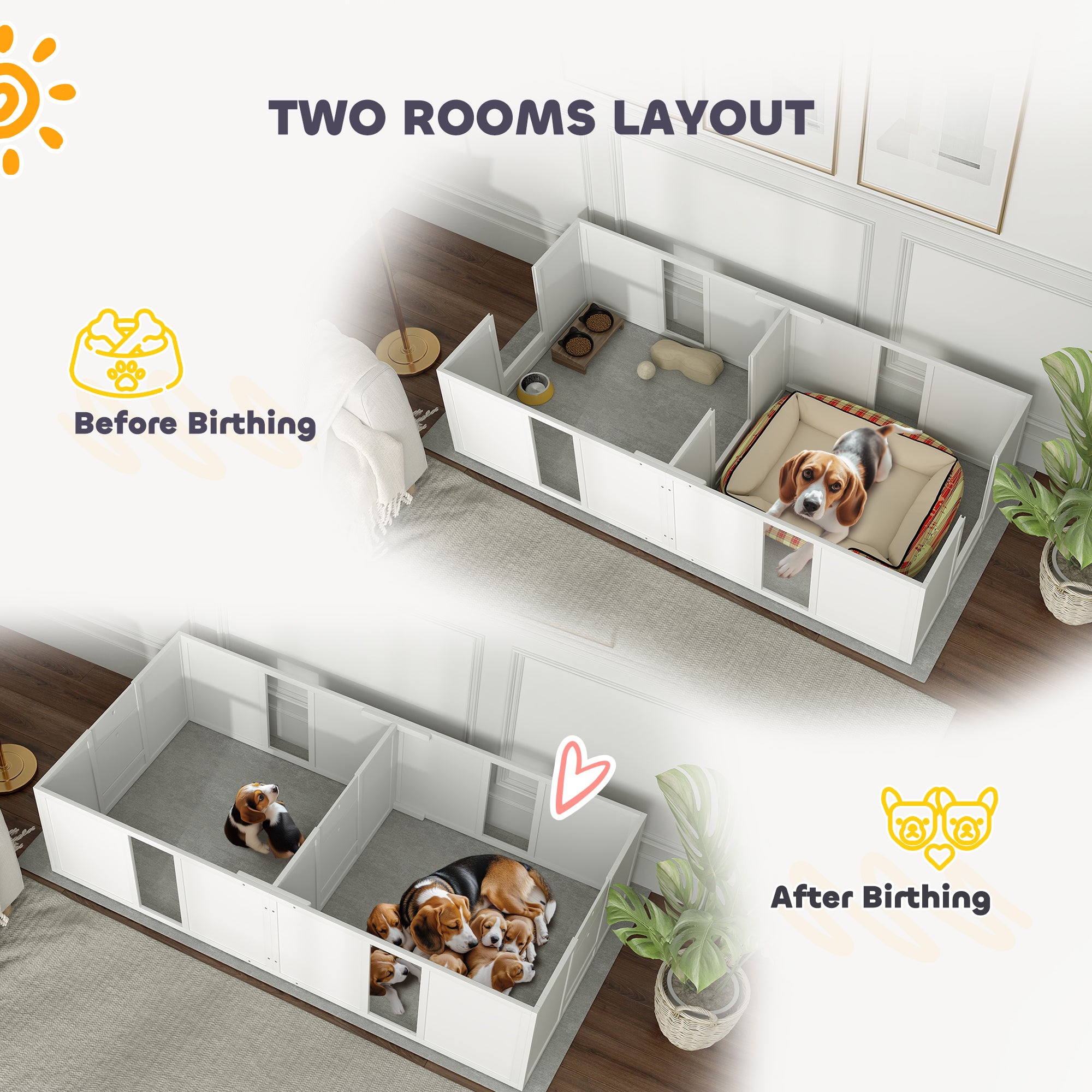 PawHut Whelping Box for Dogs and Puppies, Dog Whelping Pen, Dog Birth Supplies Indoor with Removable Adjustable Height Doors, for Medium Sized Dogs, 77" x 38" x 19"
