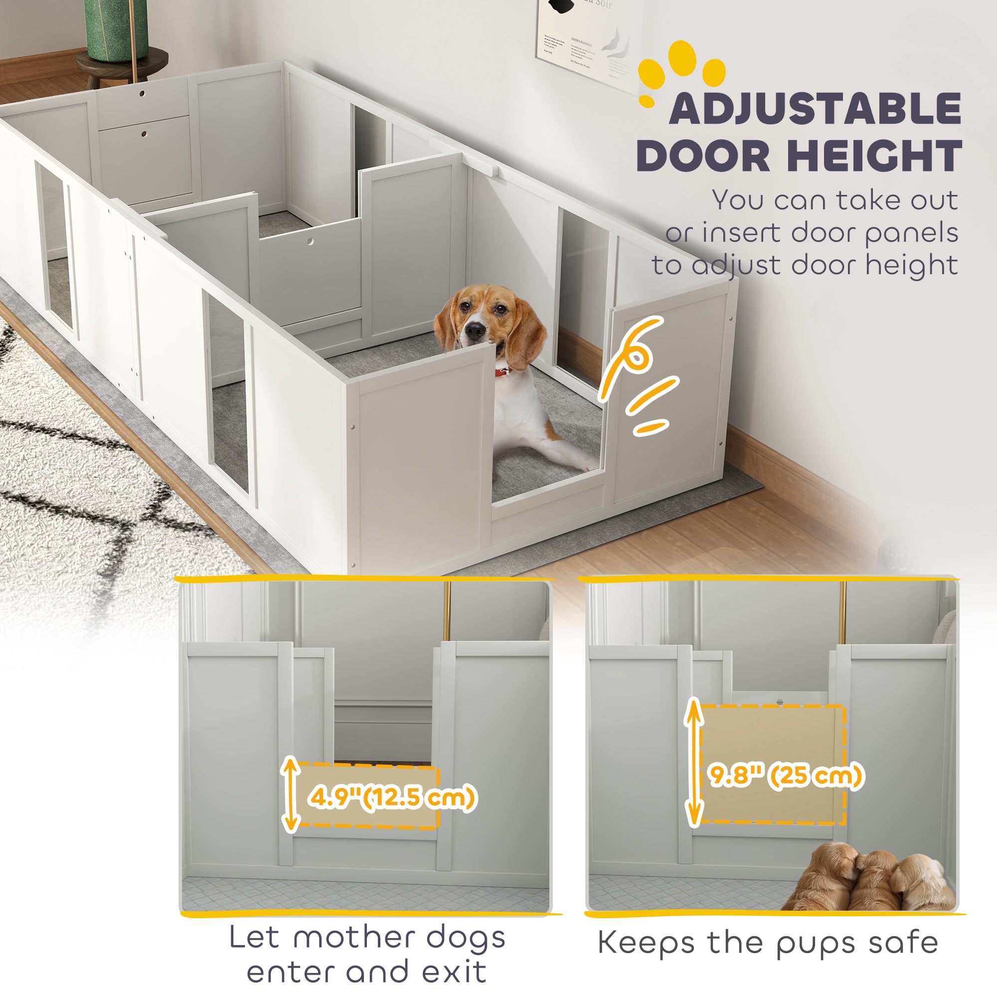 PawHut Whelping Box for Dogs and Puppies, Dog Whelping Pen, Dog Birth Supplies Indoor with Removable Adjustable Height Doors, for Medium Sized Dogs, 77" x 38" x 19"