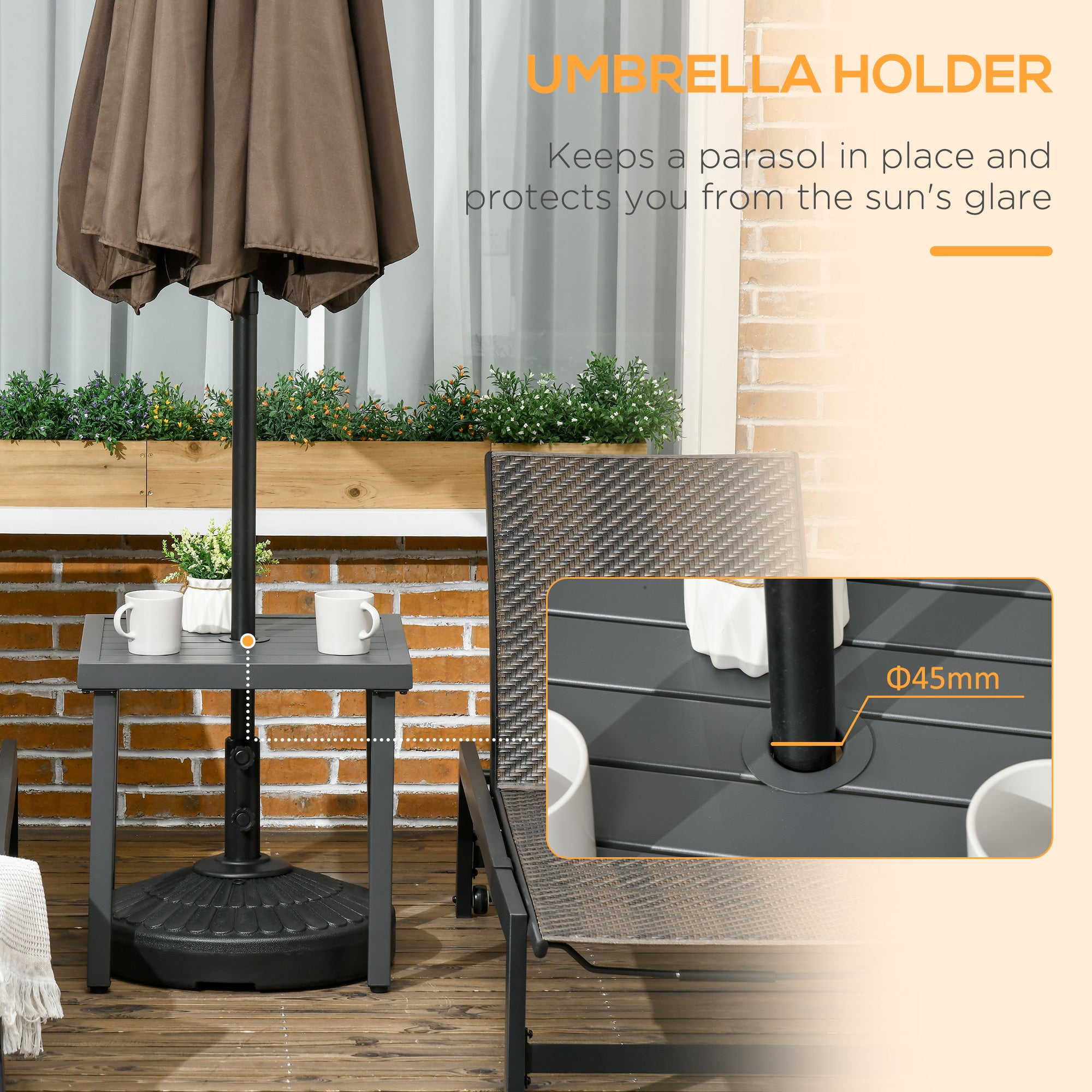 Outsunny Outdoor Side Table, Patio End Table with Umbrella Hole, Small Coffee Table with Steel Frame for Balcony, Gray