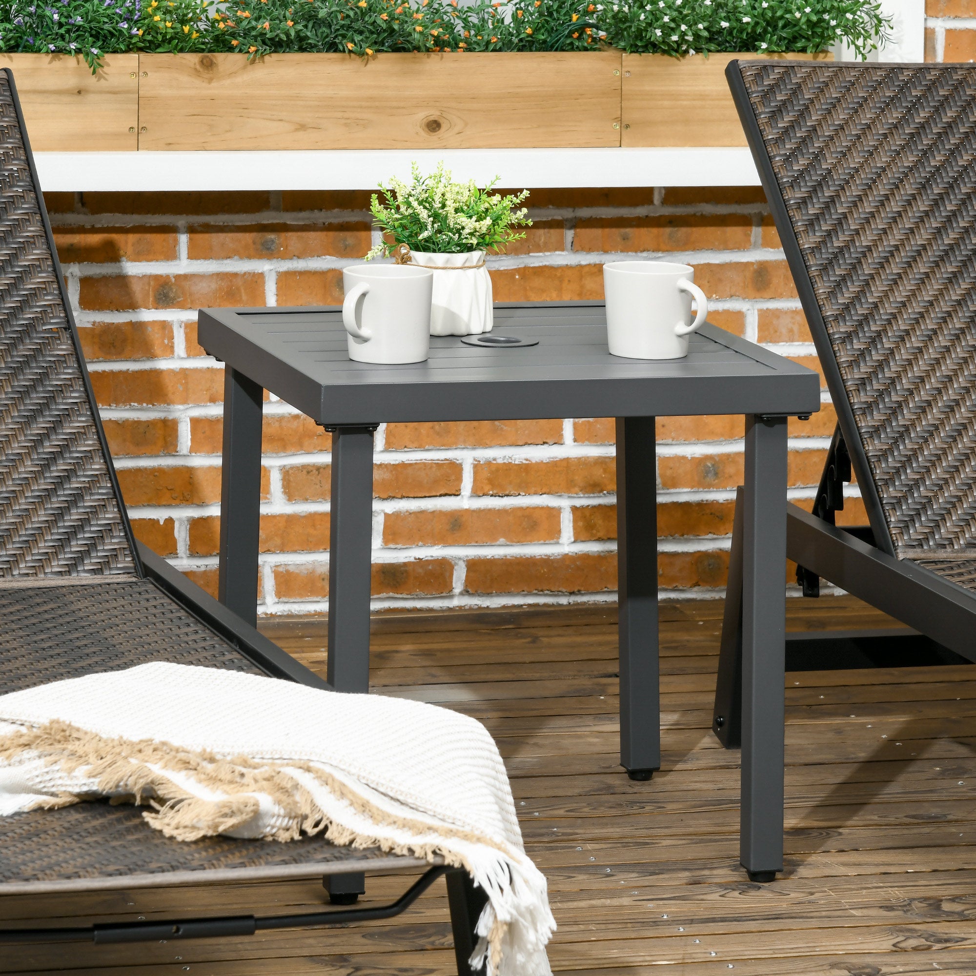 Outsunny Outdoor Side Table, Patio End Table with Umbrella Hole, Small Coffee Table with Steel Frame for Balcony, Gray