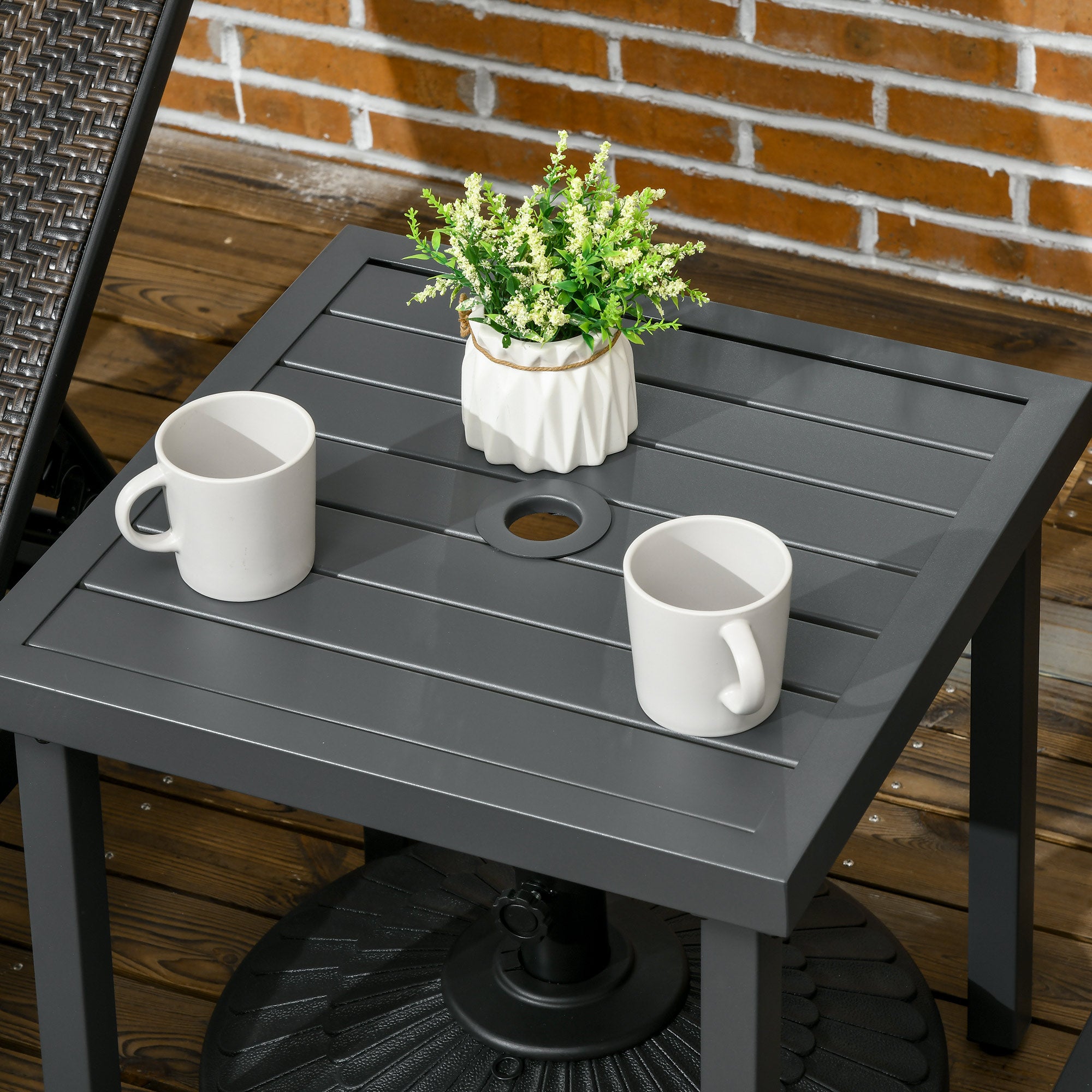 Outsunny Outdoor Side Table, Patio End Table with Umbrella Hole, Small Coffee Table with Steel Frame for Balcony, Gray
